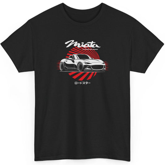 Black t-shirt with a car graphic and 'Miata' text on a white background