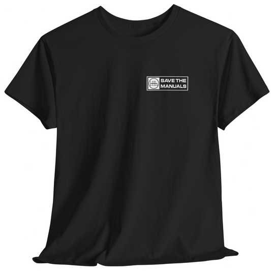 Black Save The Manuals graphic t-shirt with minimalist manual transmission logo