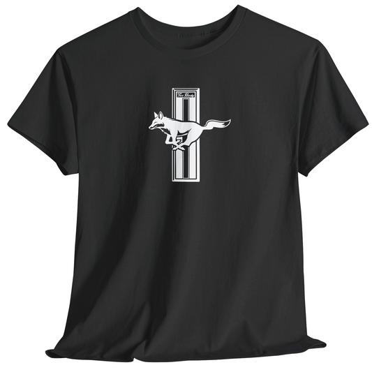 Black t-shirt with a white graphic of a horse on a white background