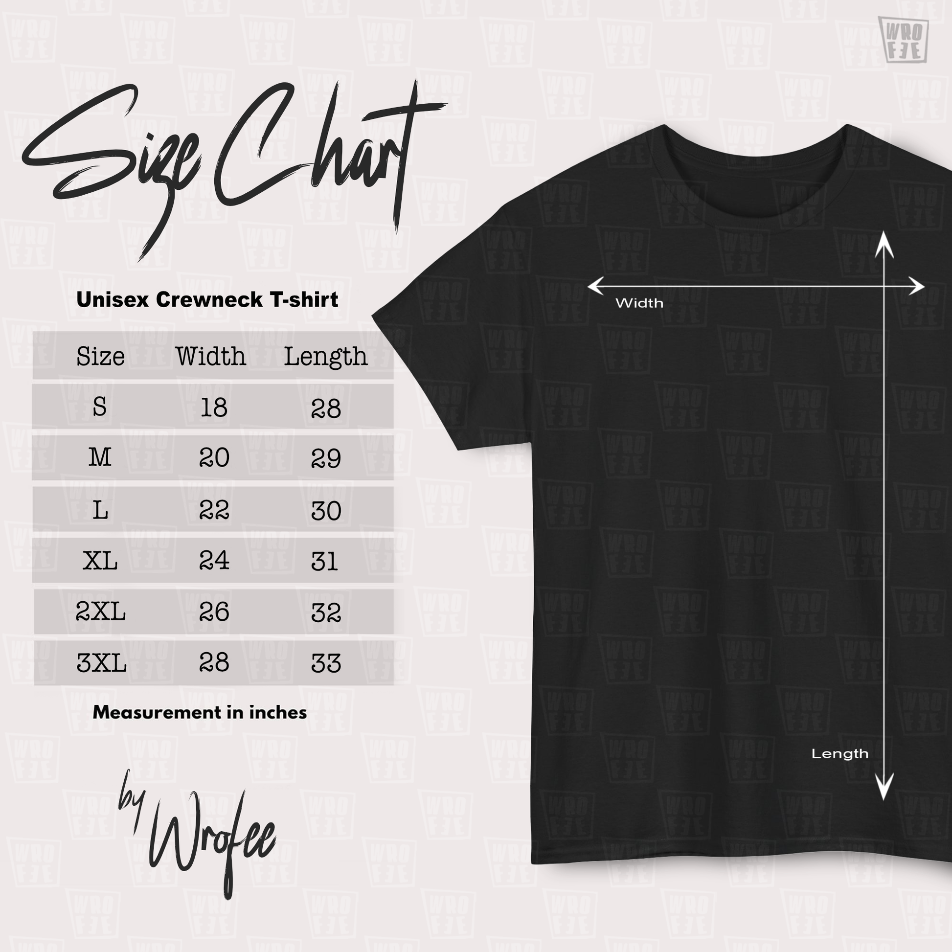 Black t-shirt with size chart on a light gray background