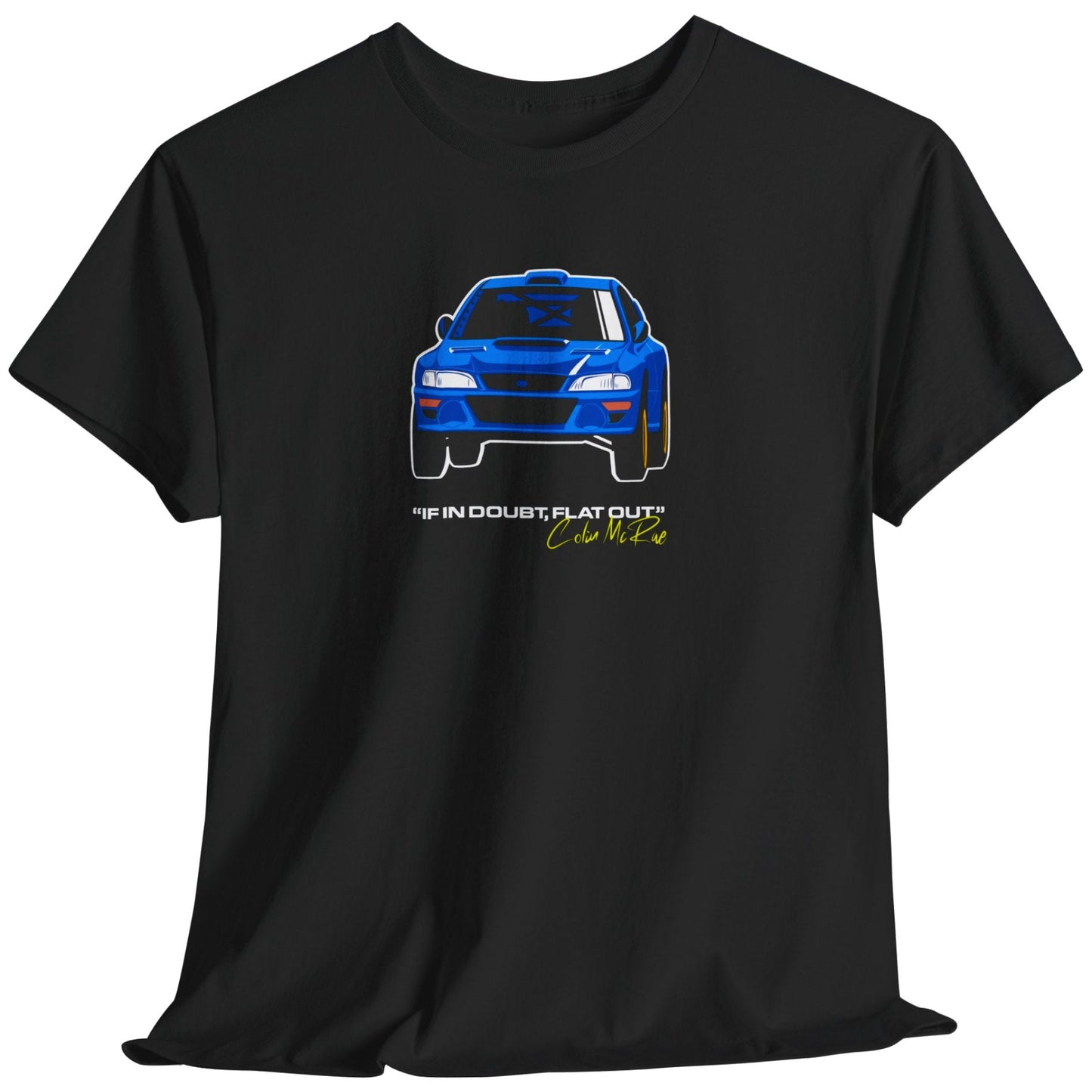 Black t-shirt with a blue car graphic and text on a white background