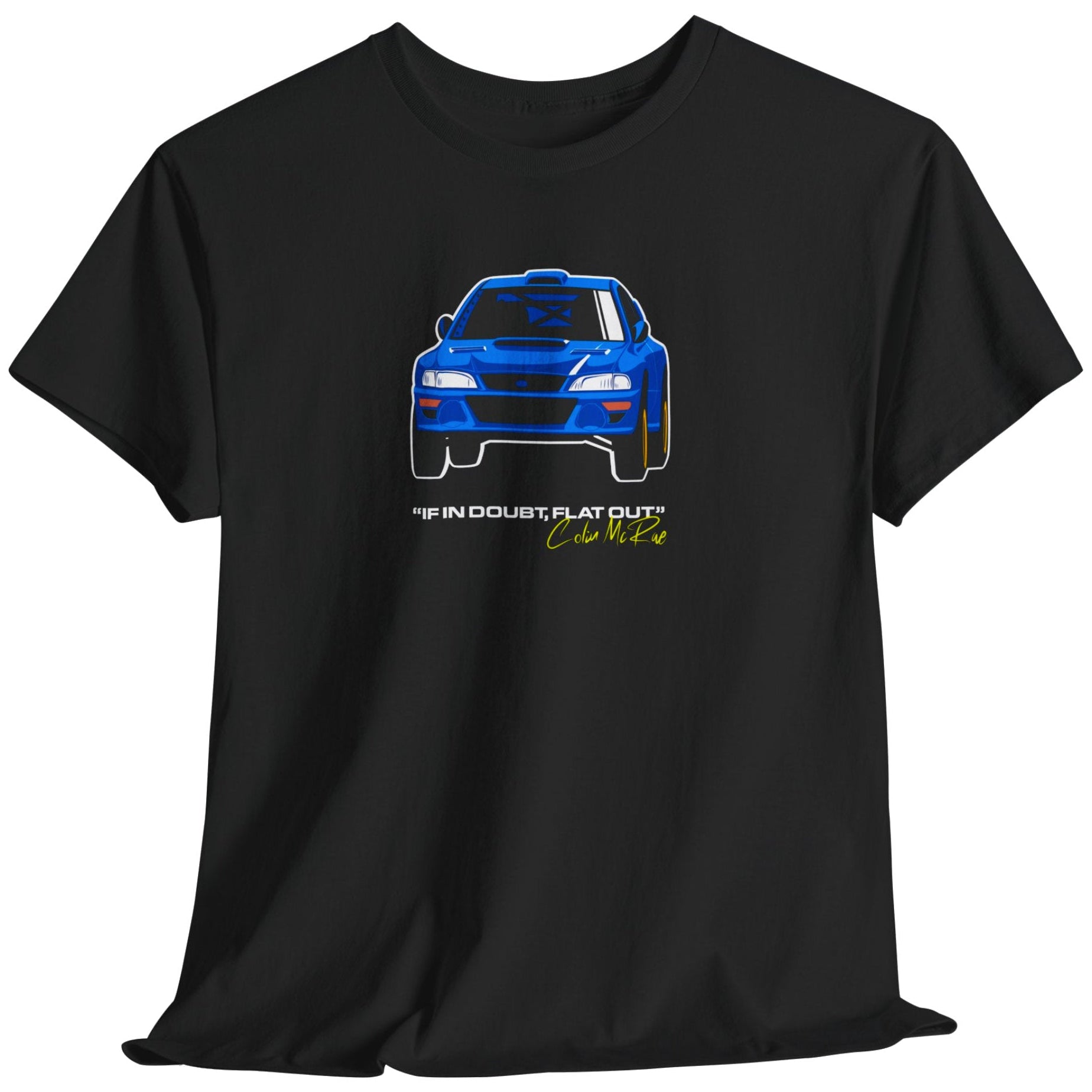 Black t-shirt with a blue car graphic and text on a white background