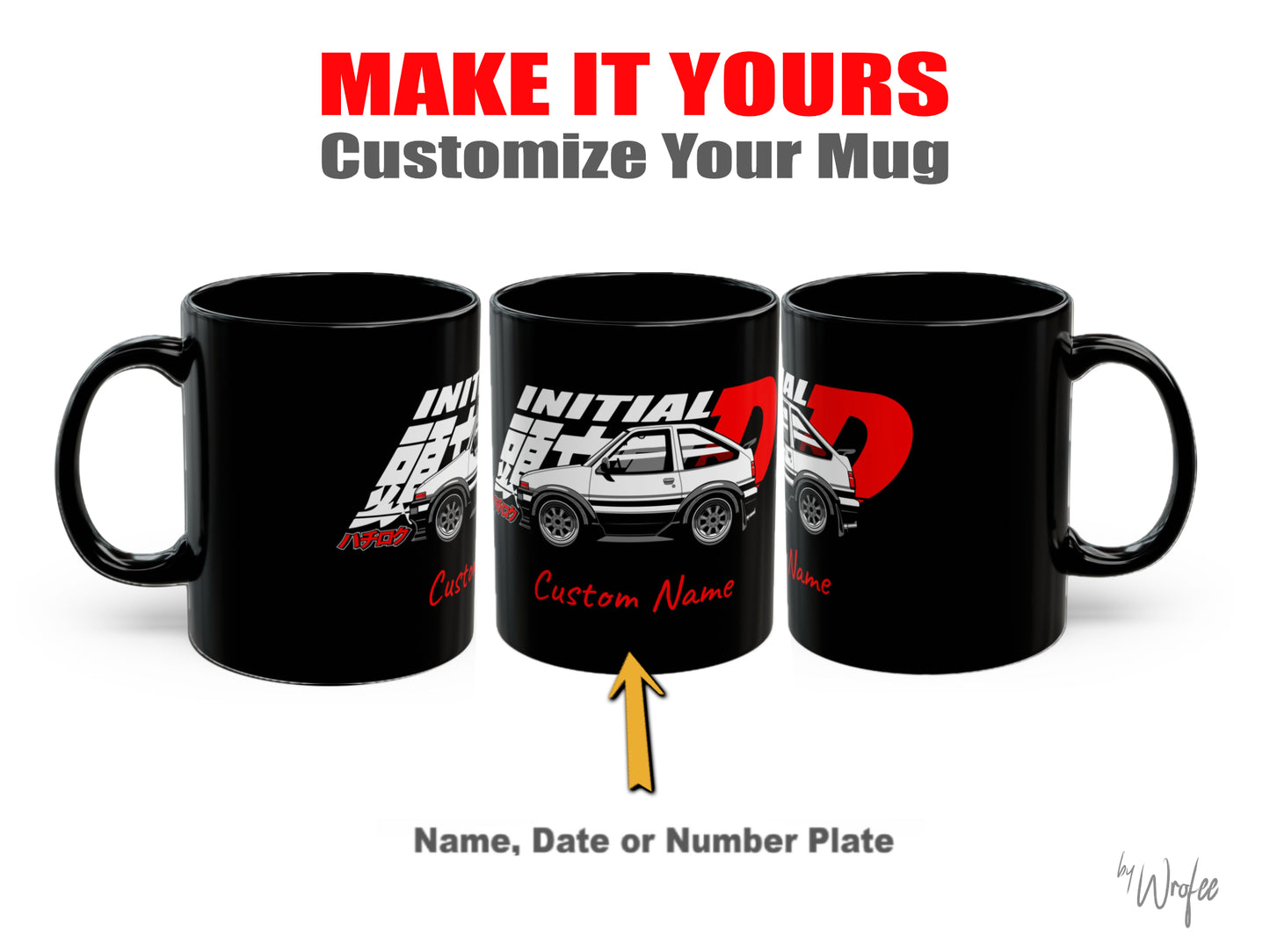 Black mug with AE86 jdm car customizable designs and text on a white background