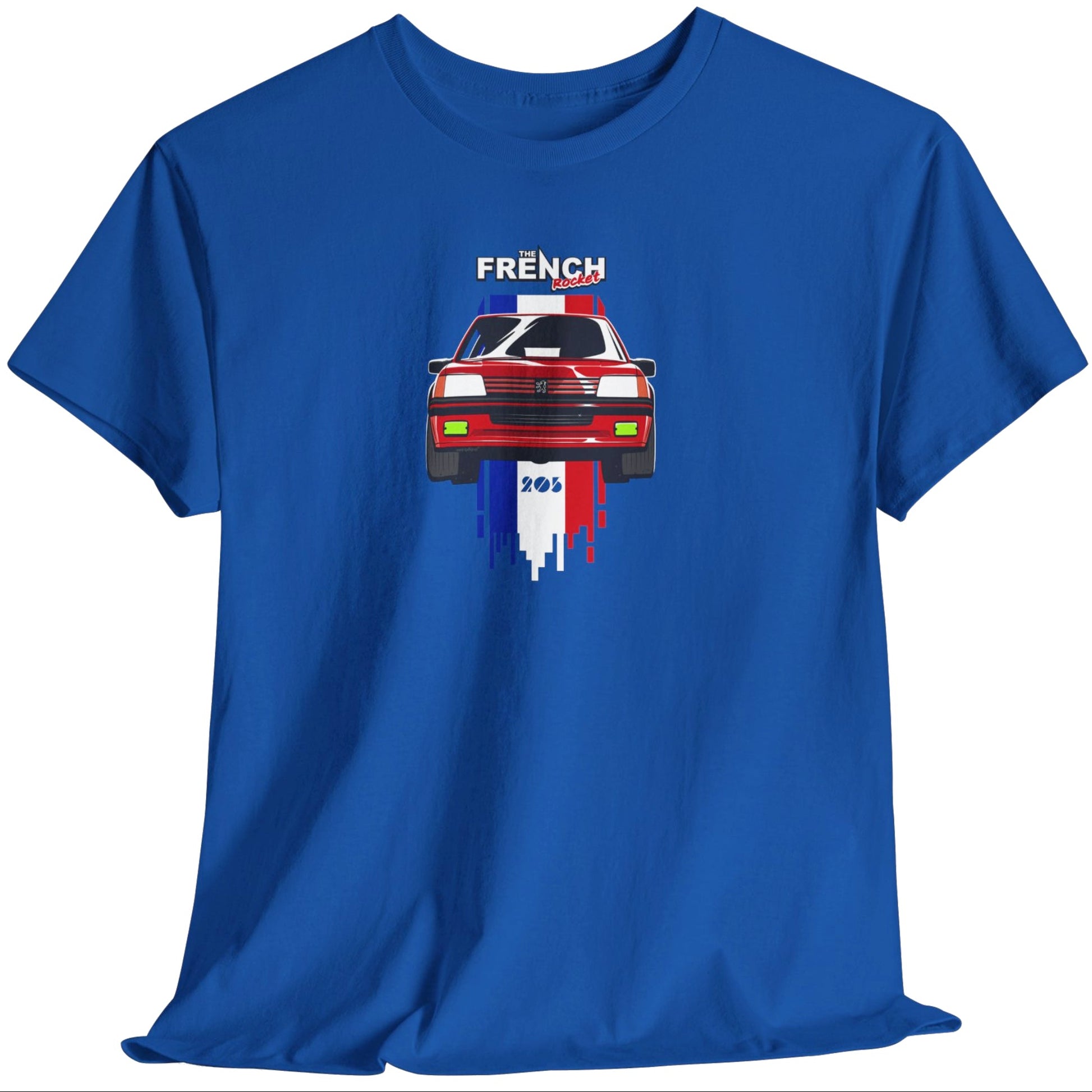 Blue 205 GTI Car t-shirt with a car graphic and 'French Rocket' text on a white background