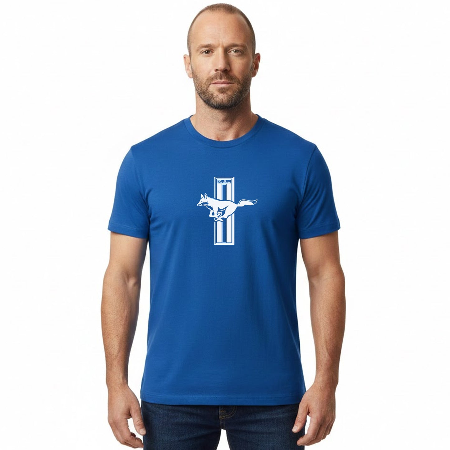 Man wearing a blue fox body mustang t-shirt with a graphic design on a white background