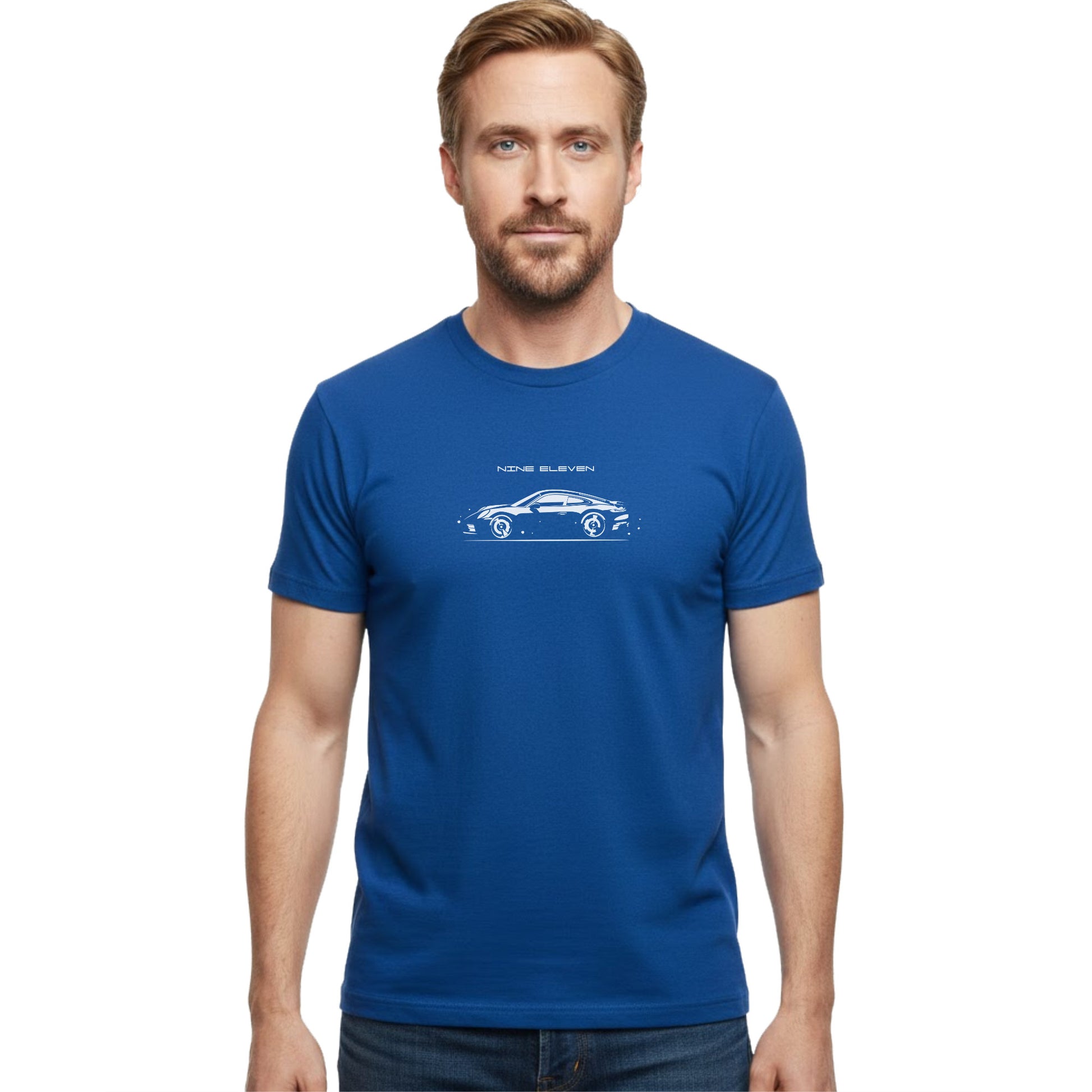 Man wearing a blue t-shirt with a white 911 sports car graphic on a white background
