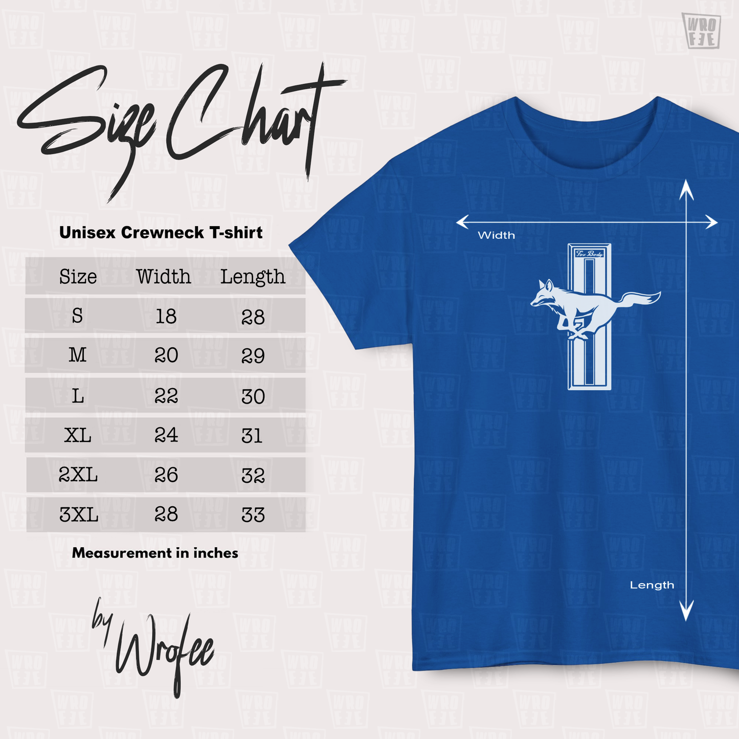 Blue t-shirt with a graphic design and size chart on a white background