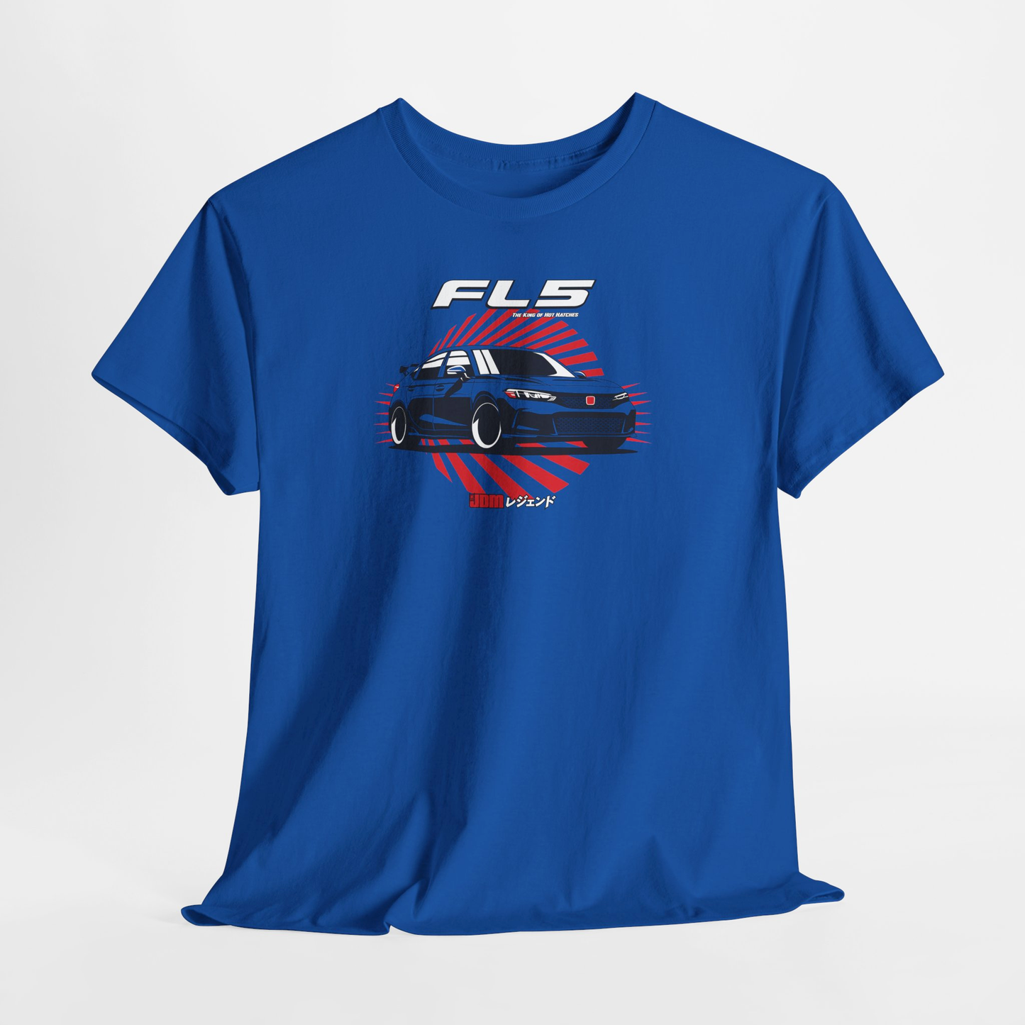 Blue t-shirt with car graphic and 'FLS' text on a white background