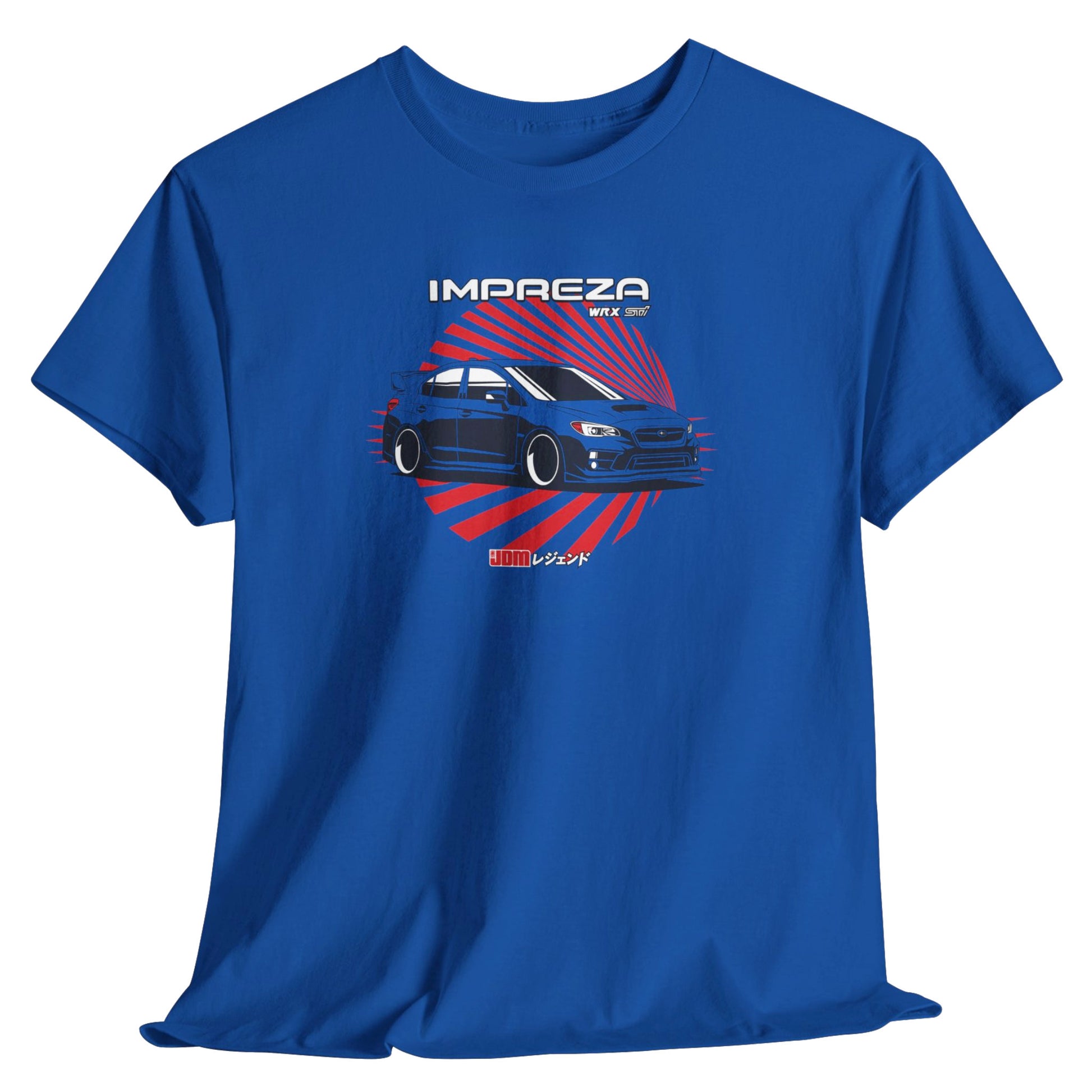 Blue t-shirt with Impreza graphic design on a white background