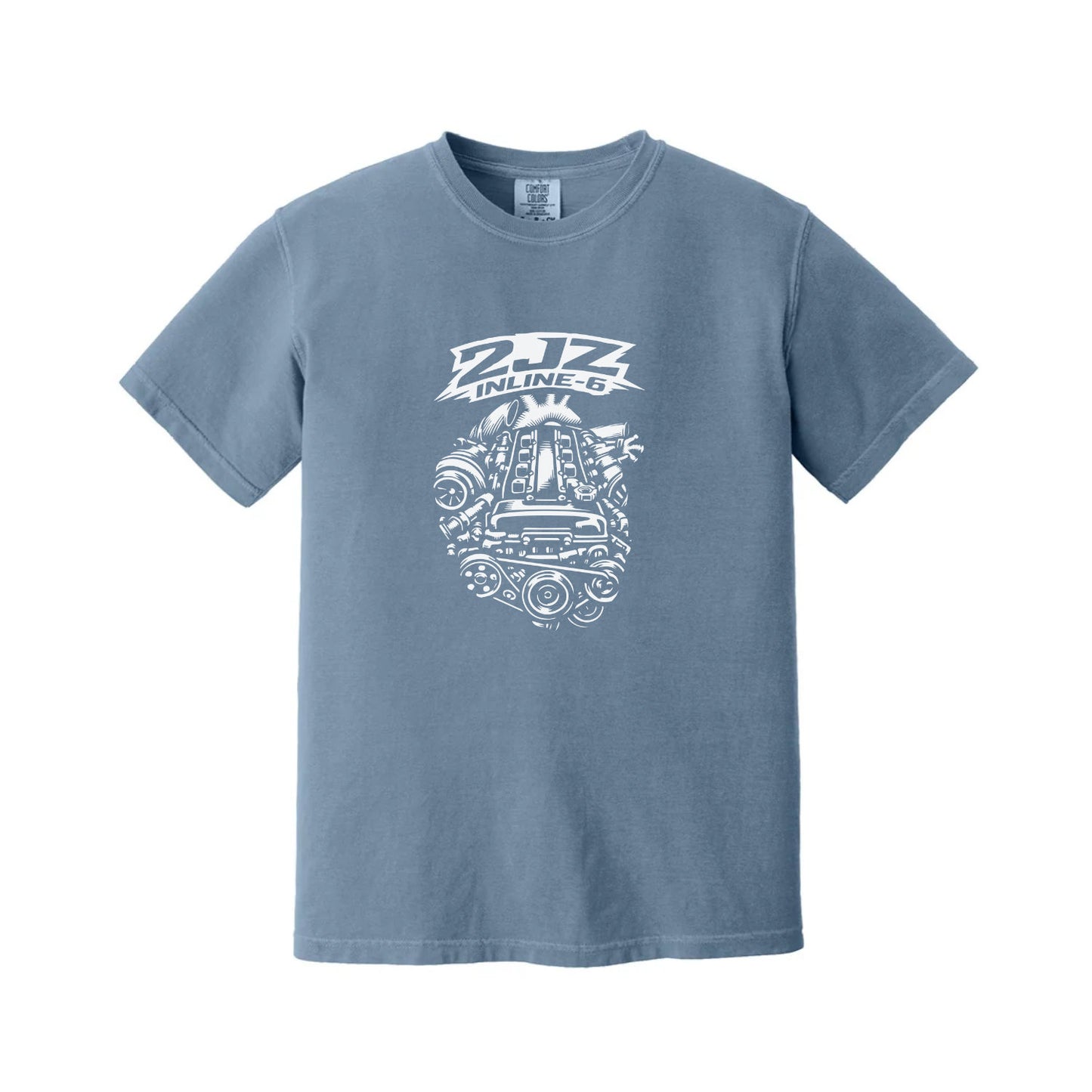 Blue t-shirt with legendary JDM car 2jz-engine graphic design on a white background