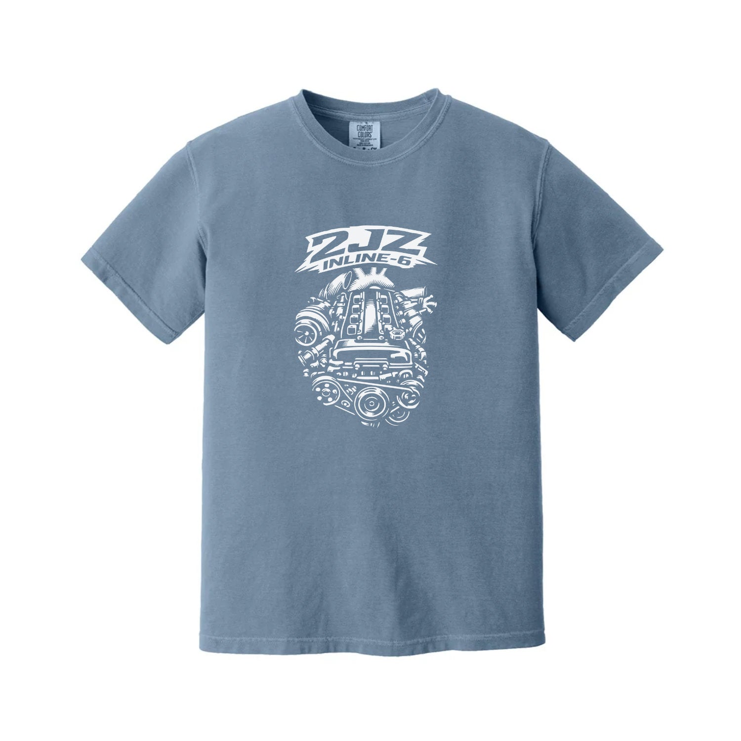 Blue t-shirt with legendary JDM car 2jz-engine graphic design on a white background