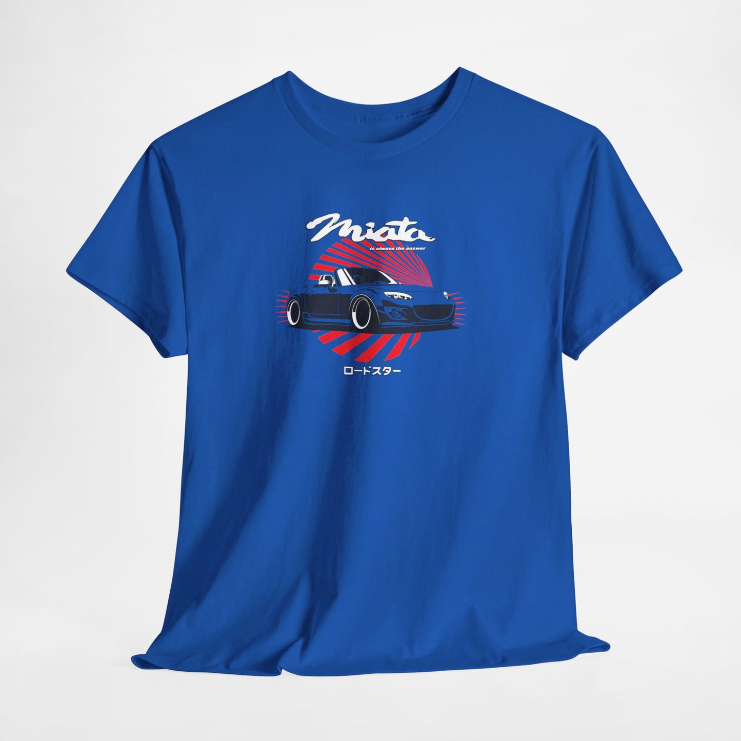 Blue t-shirt with a car graphic and Miata text on a white background
