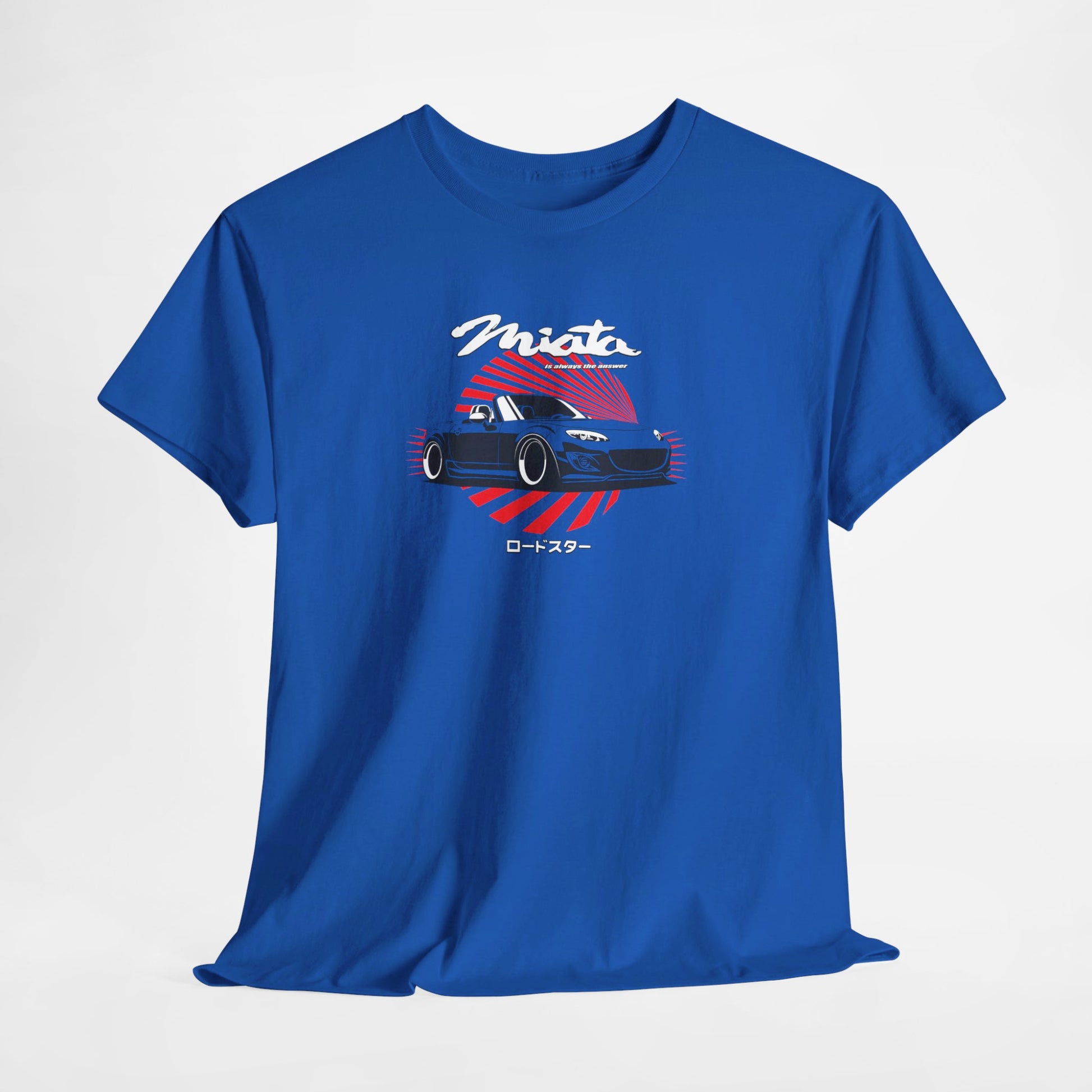 Blue t-shirt with a car graphic and Miata text on a white background
