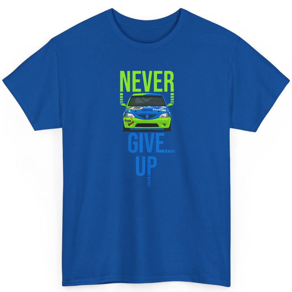 Blue t-shirt with a graphic of Dacia Logan and motivational Never Give Up text