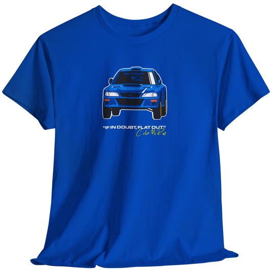 Blue t-shirt with a car graphic and text on a white background