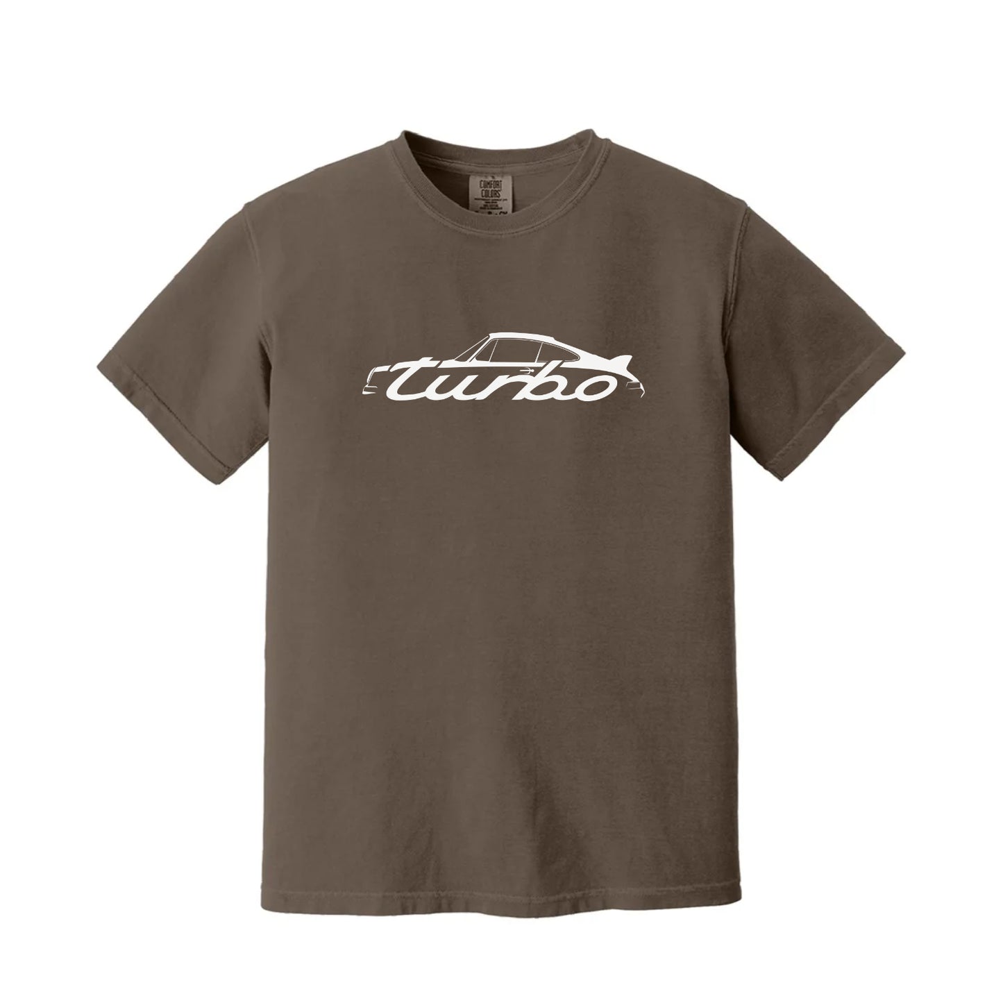 Brown t-shirt with a white 'Turbo' graphic on a white background