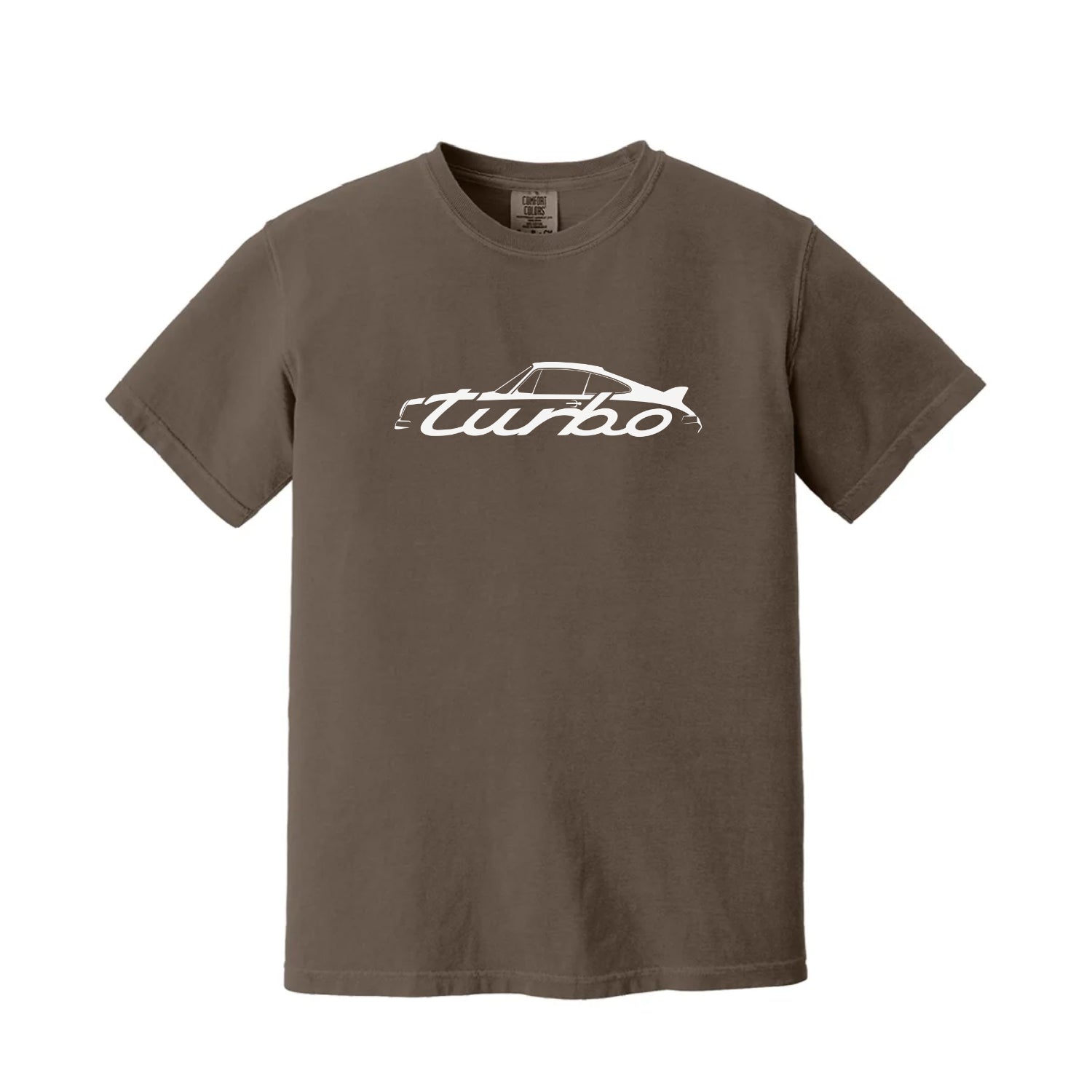 Brown t-shirt with a white 'Turbo' graphic on a white background