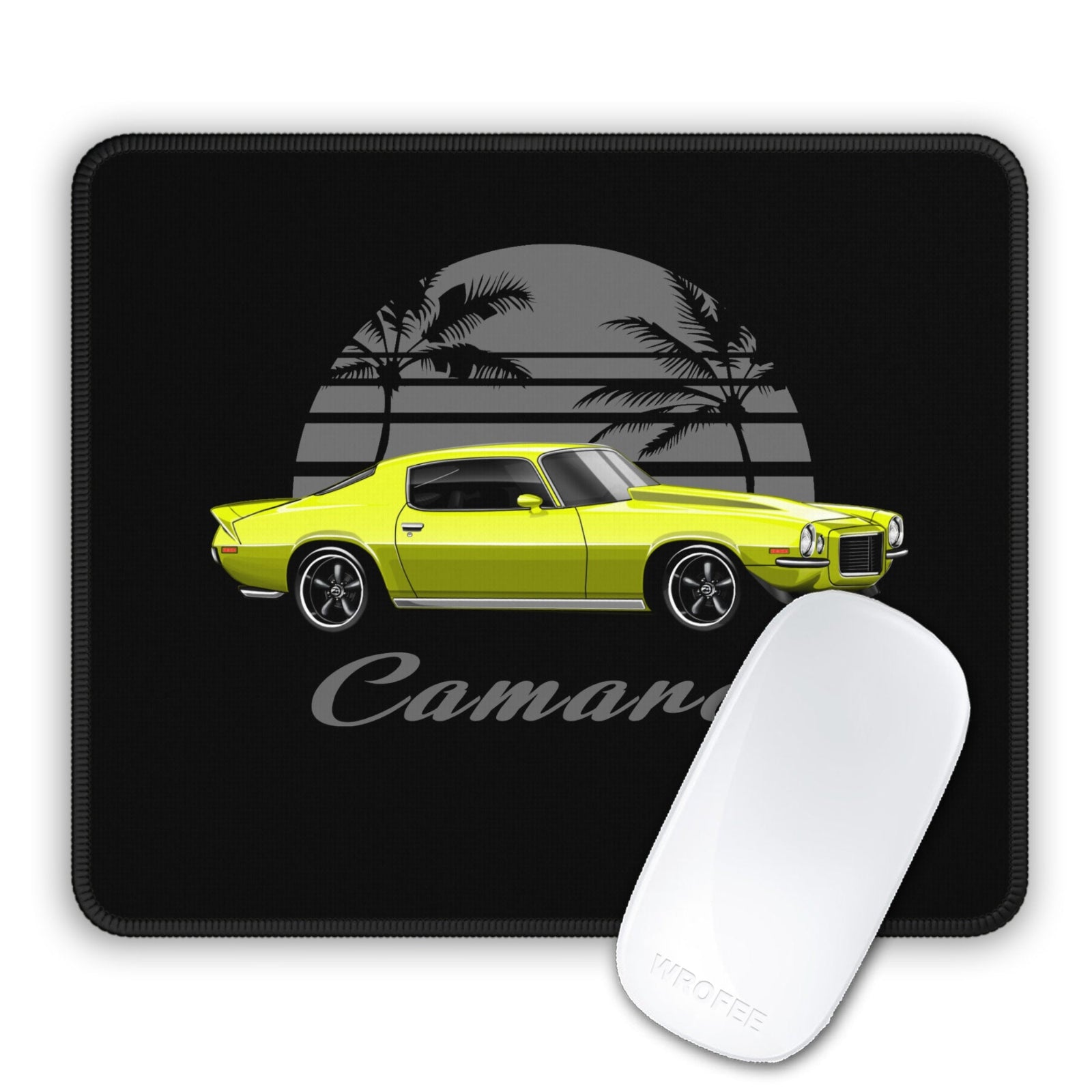 Mouse pad with a yellow Camaro design and 'Camaro' text on a black background