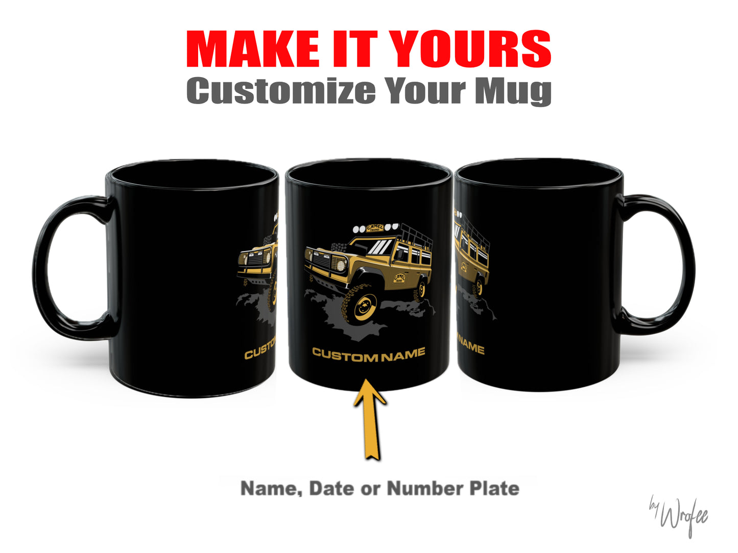 Black mug with Camel Trophy gold truck design and customizable text on a white background