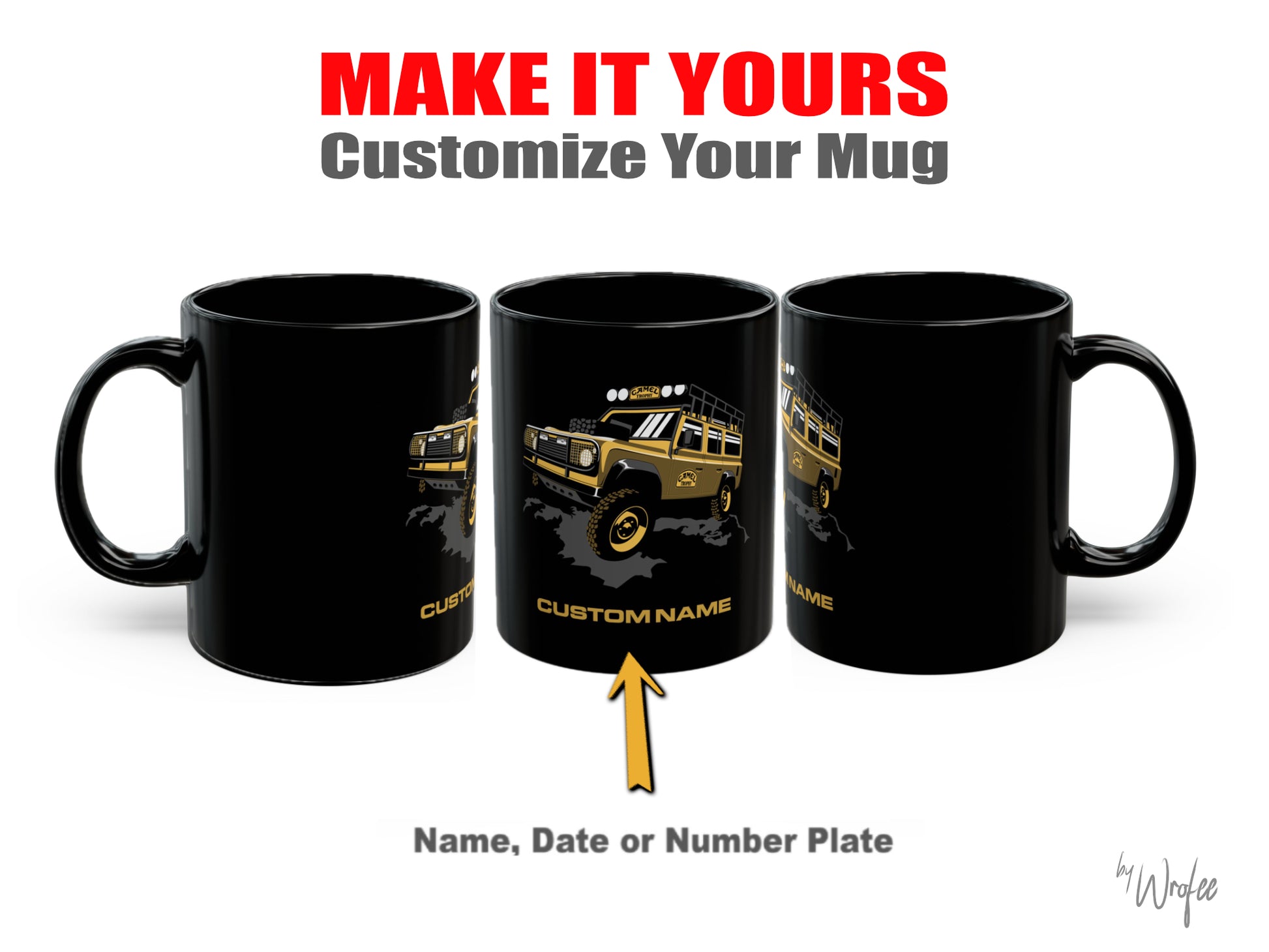 Black mug with Camel Trophy gold truck design and customizable text on a white background