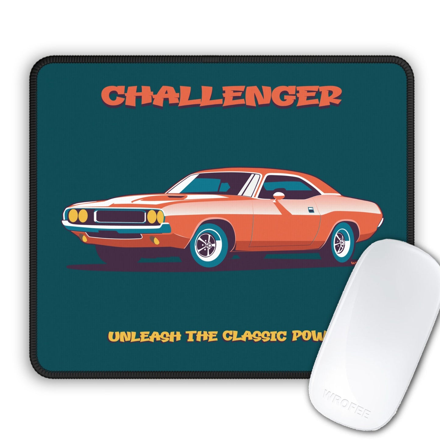 Mouse pad with a classic muscle car Challenger design and text on a white background