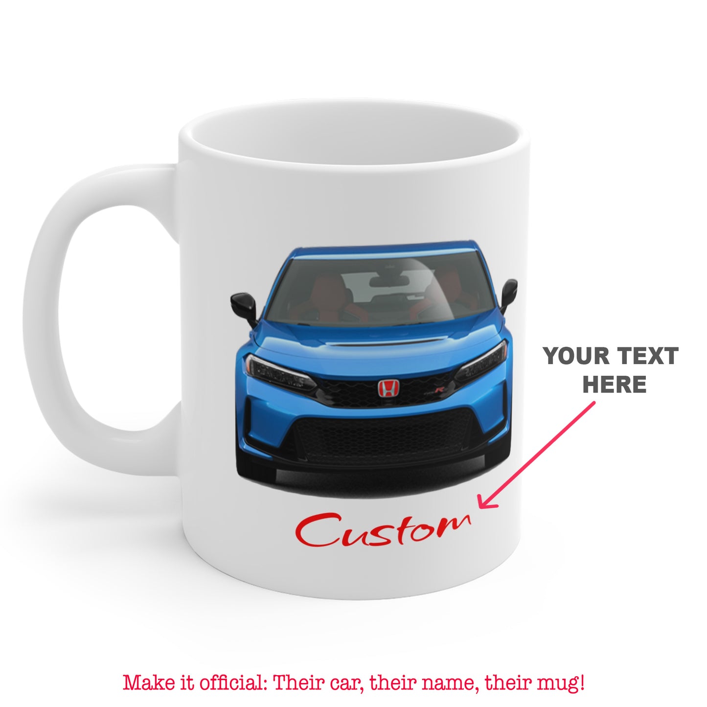 White mug with blue Civic Type R JDM car design and customizable text area on a white background