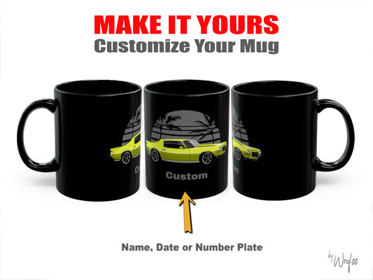 Black mug with a yellow Camaro design and text 'Make it yours, customize your mug' on a white background.