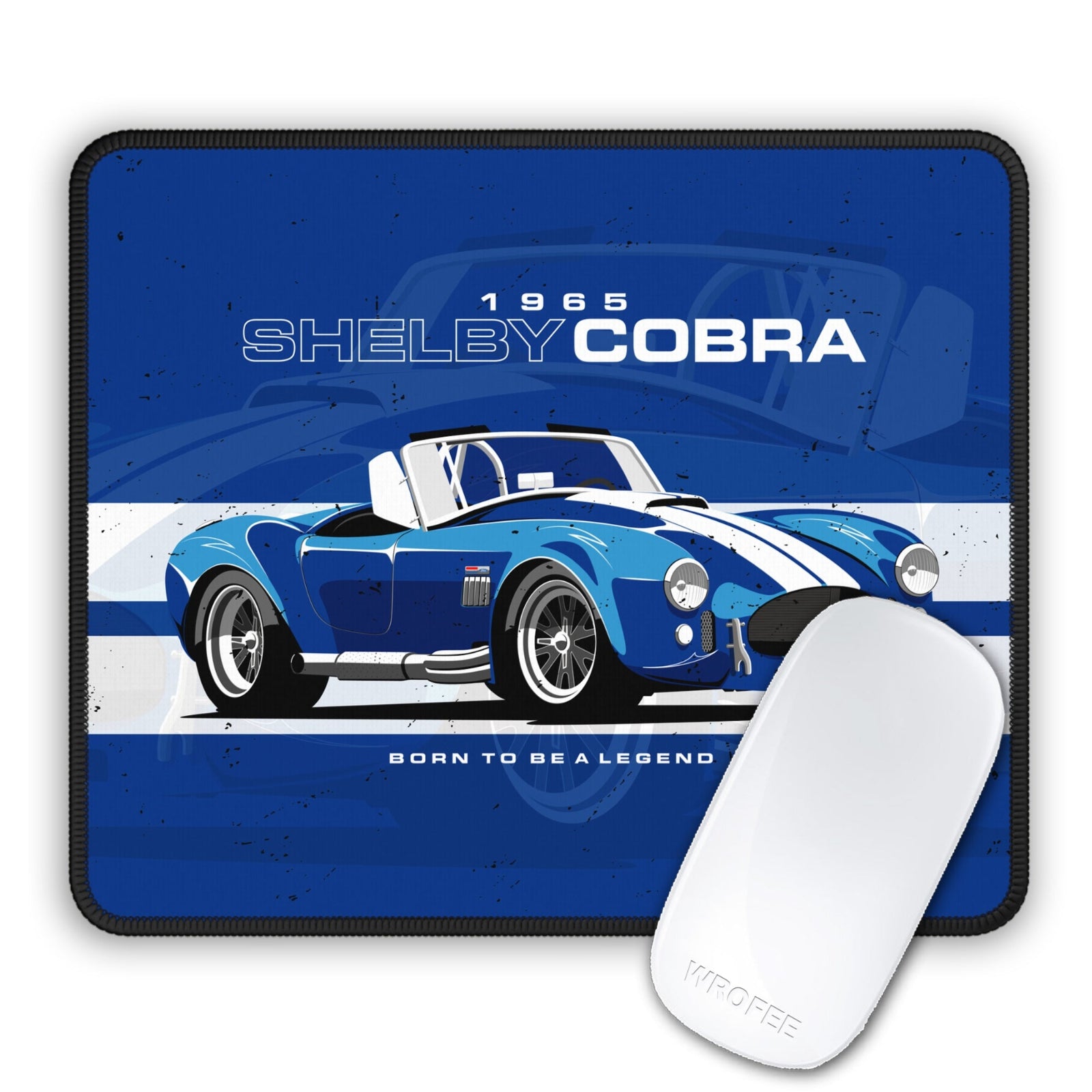 Mouse pad with 1965 Shelby Cobra design and a white mouse on a blue background
