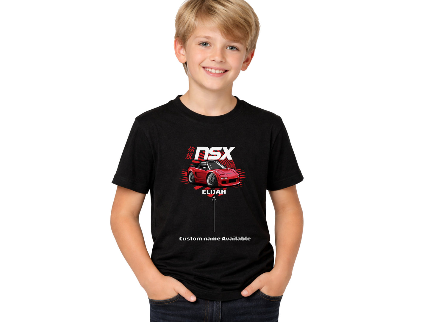 Child wearing a black t-shirt with a red car graphic and text on a white background