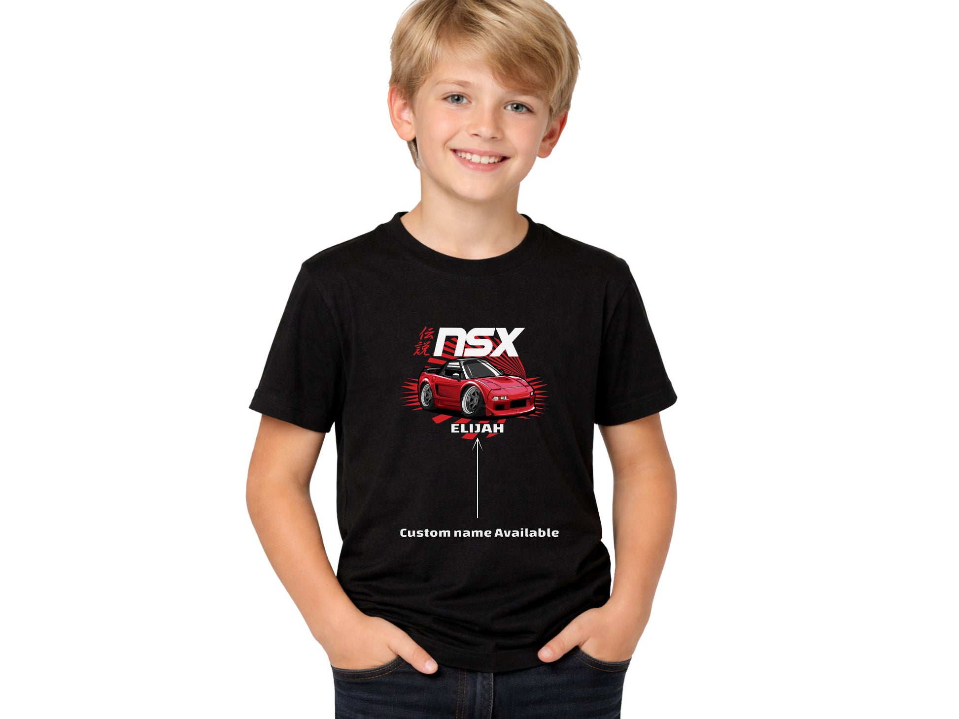 Child wearing a black t-shirt with a red car graphic and text on a white background