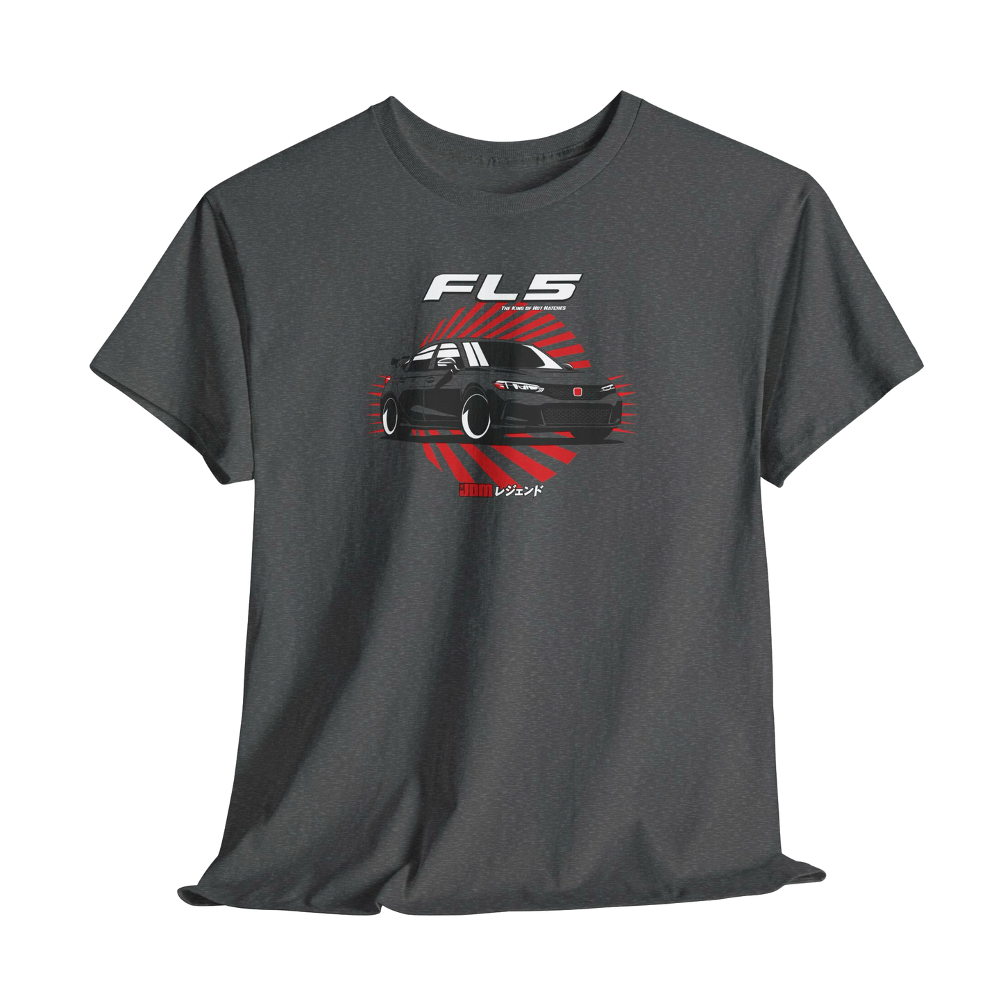 Gray t-shirt with a car graphic and 'FLS' text on a white background