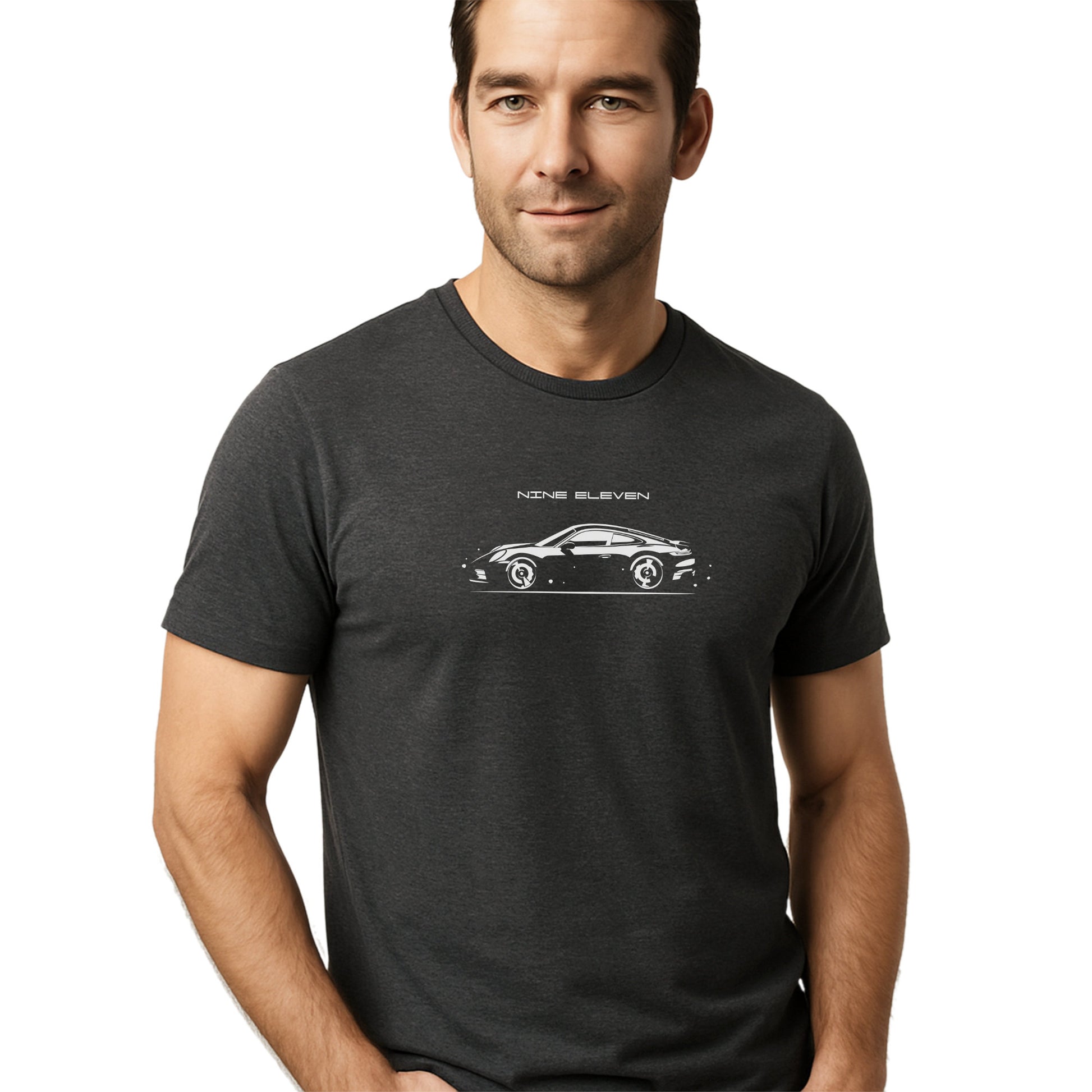 Man wearing a dark grey t-shirt with a 911 car design on a white background