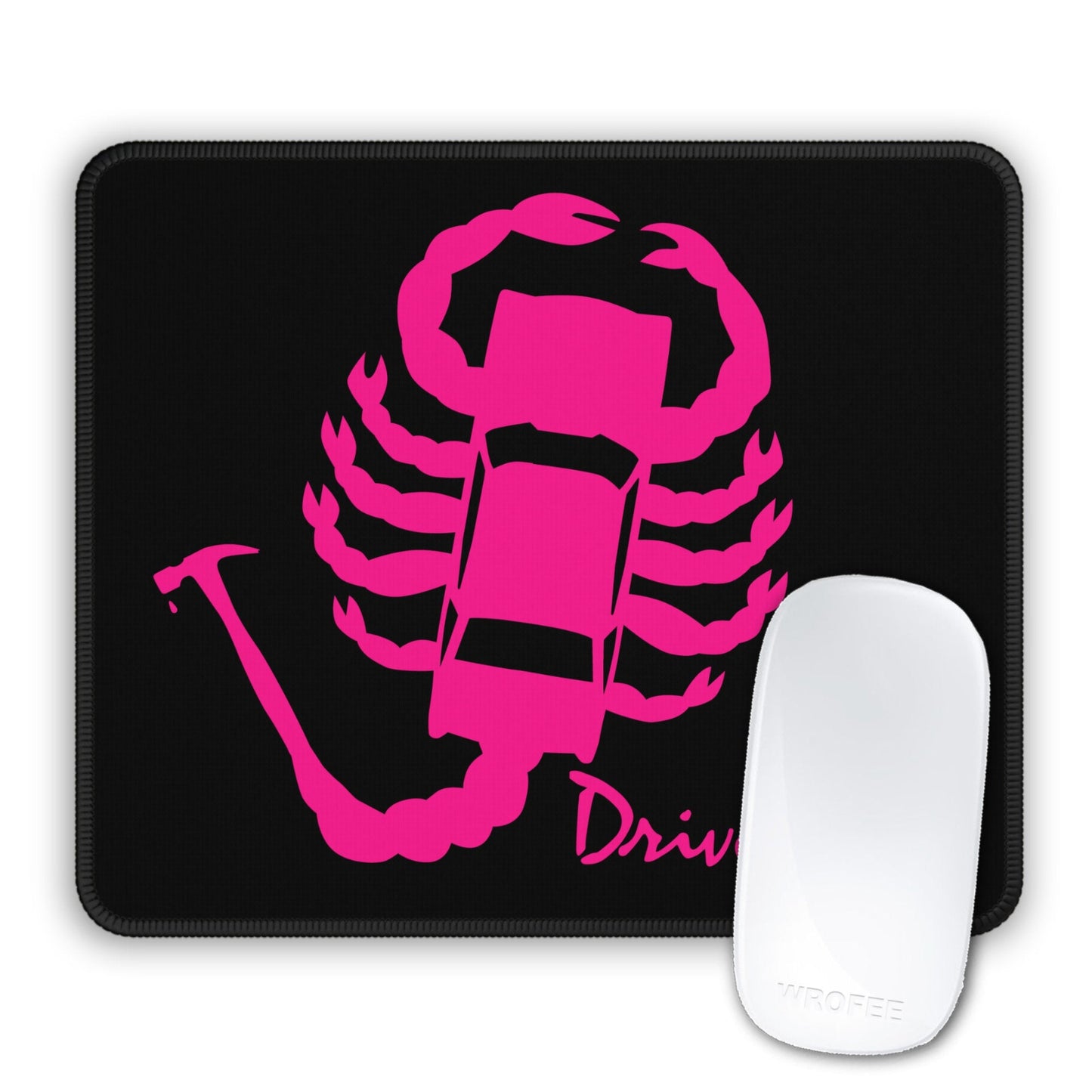 Black mouse pad with pink scorpion design and 'Drive' text, accompanied by a white mouse.