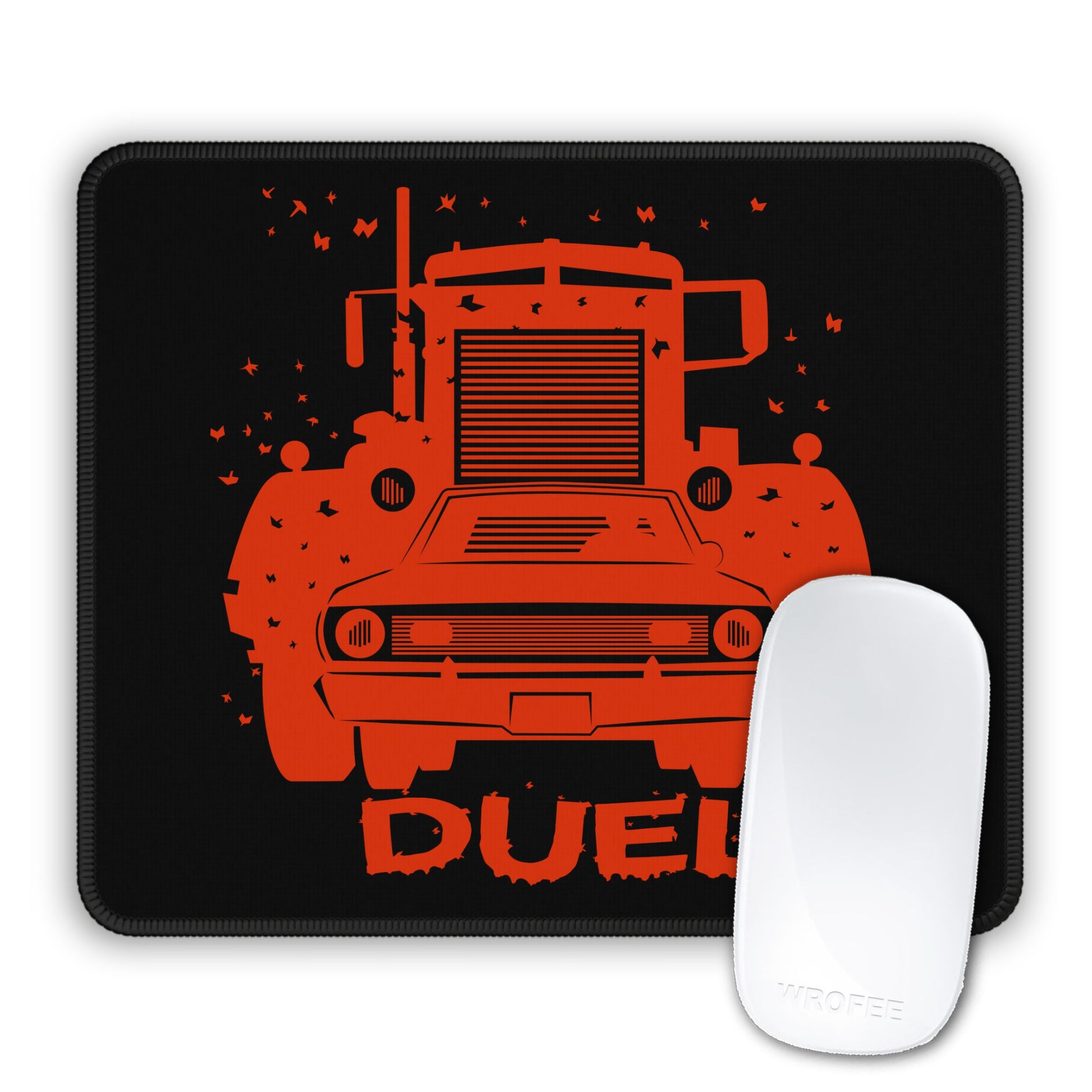 Mouse pad with orange truck design and 'DUEL' text on a black background, accompanied by a white mouse.
