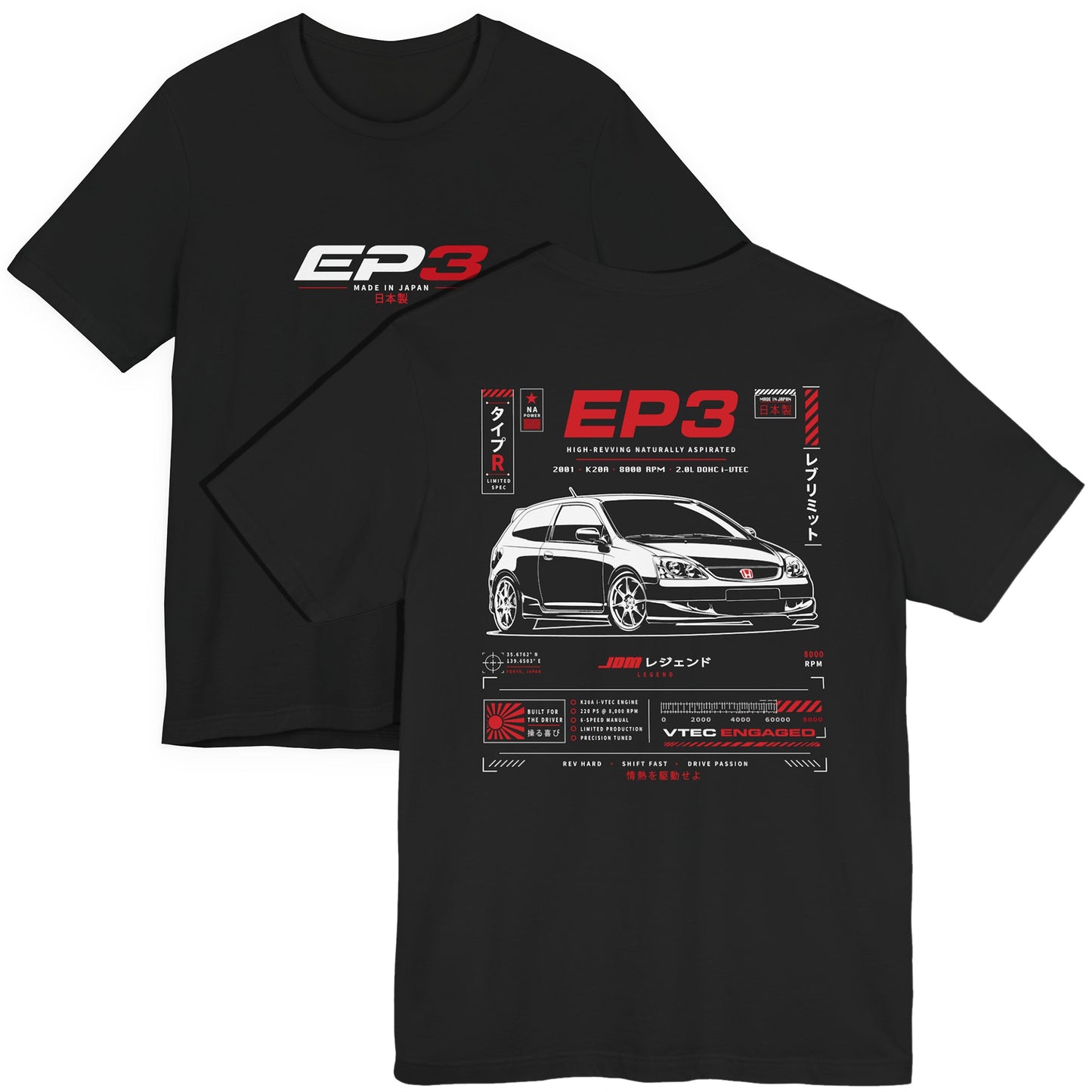 Honda Civic Type R JDM Car Shirt, EK9 EP3 FD2 FK2 FK8 FL5 Generations Enthuisast Track Day Tee