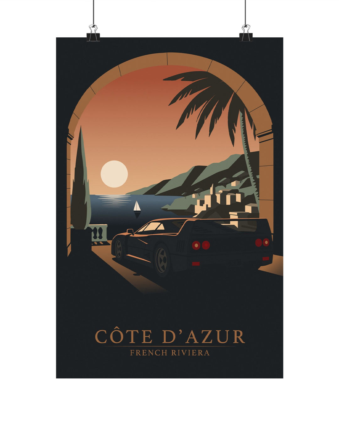 A vertical travel poster print featuring a stylized coastal scene labeled 'CÔTE D'AZUR' and 'FRENCH RIVIERA.' The artwork shows a dark car parked near the shore under a warm sunset sky, framed by an archway with palm trees and buildings.