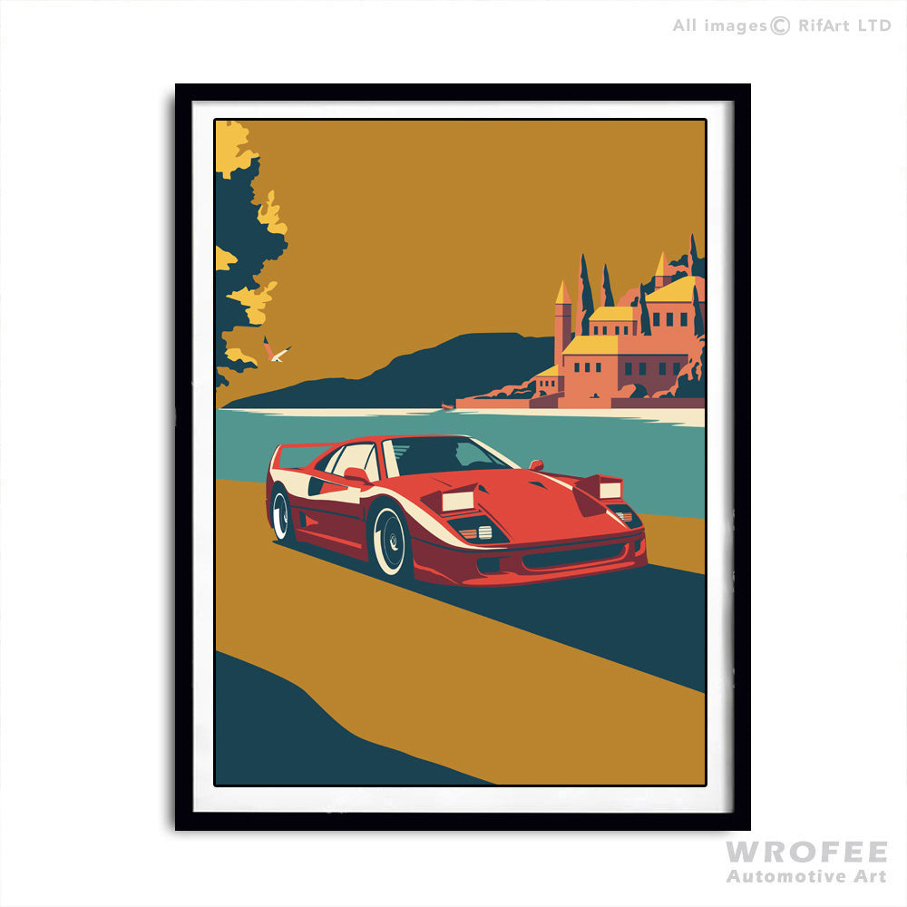 Ferrari F40 Vintage Car Poster Retro Automotive Art Print Wall Decor Lake Como Travel Landscape