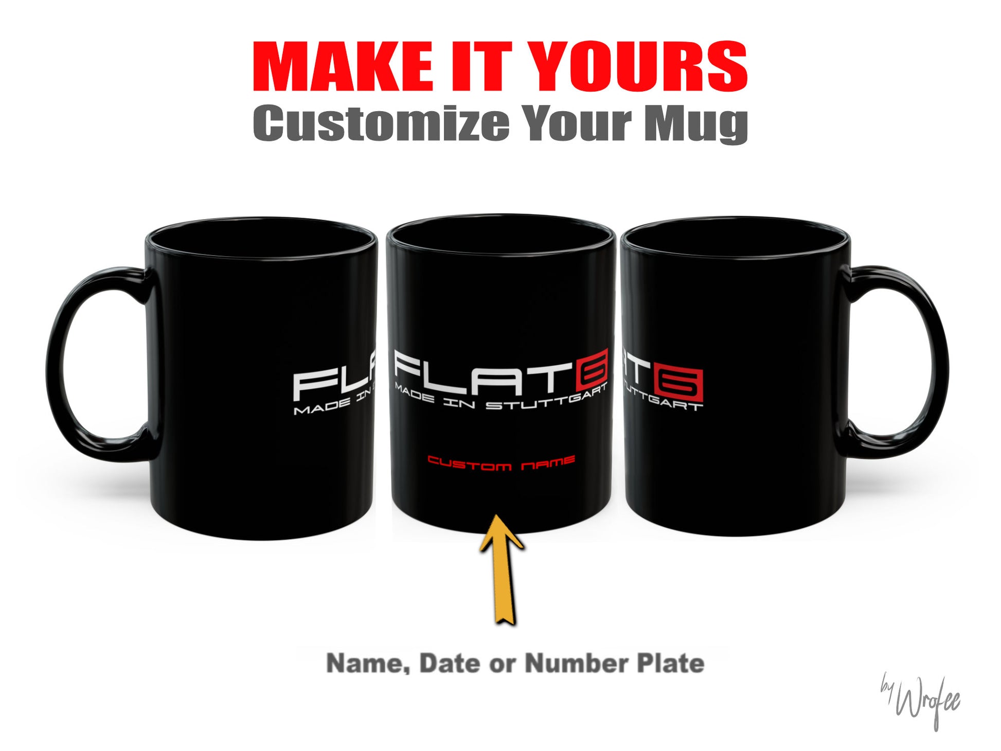 Black Flat 6 mug with customizable text on it