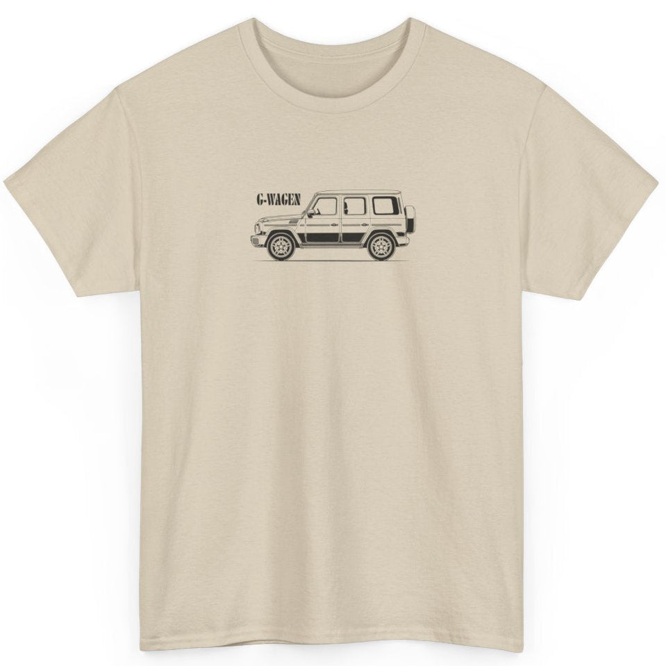 Beige t-shirt with a black graphic of G-Wagon SUV