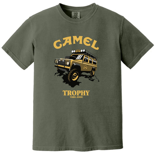 Green t-shirt with a graphic of a vehicle and 'Camel Trophy' text on a white background