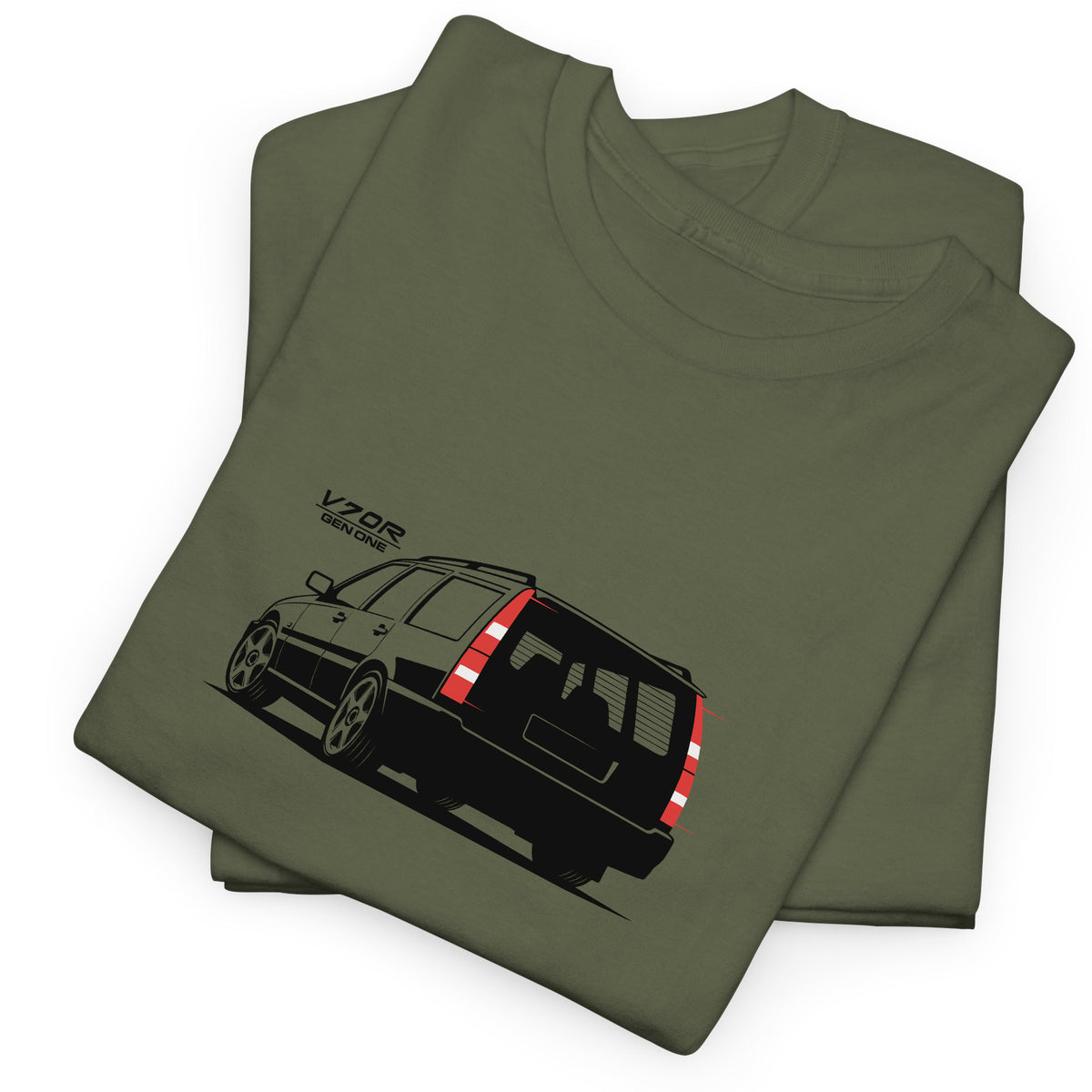 A folded olive green t-shirt featuring a black graphic of a Volvo V70 with red taillight accents and the text V70 printed on the chest, displayed on a clean white background.