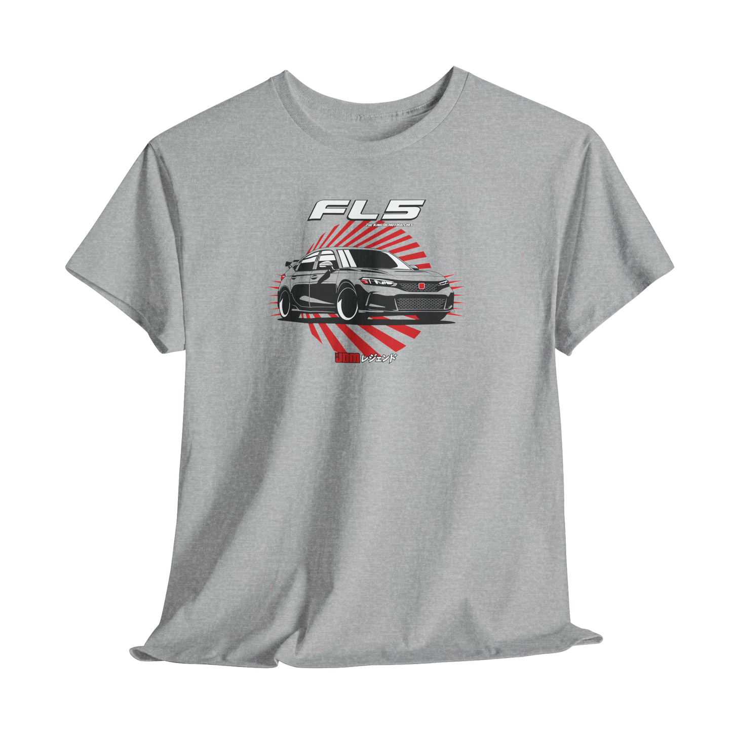 Gray t-shirt with a car graphic and 'FLS' text on a white background