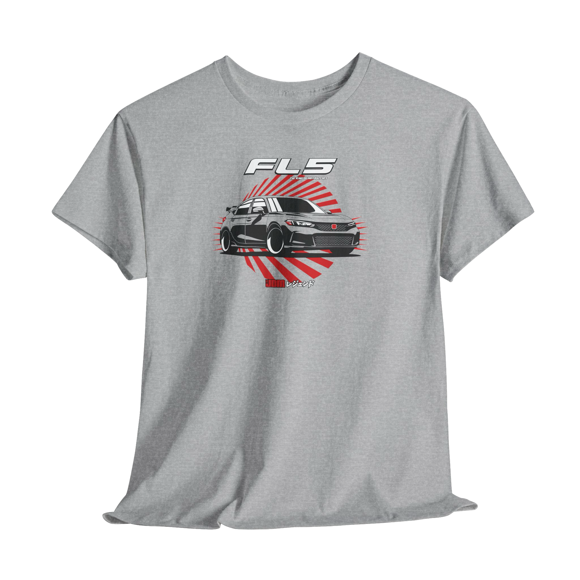 Gray t-shirt with a car graphic and 'FLS' text on a white background