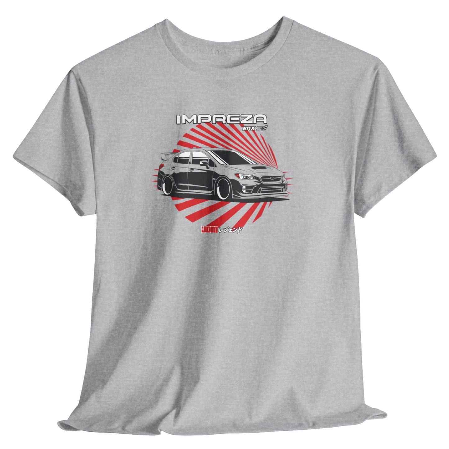 Gray t-shirt with a graphic of a car and 'Impreza' text on a white background