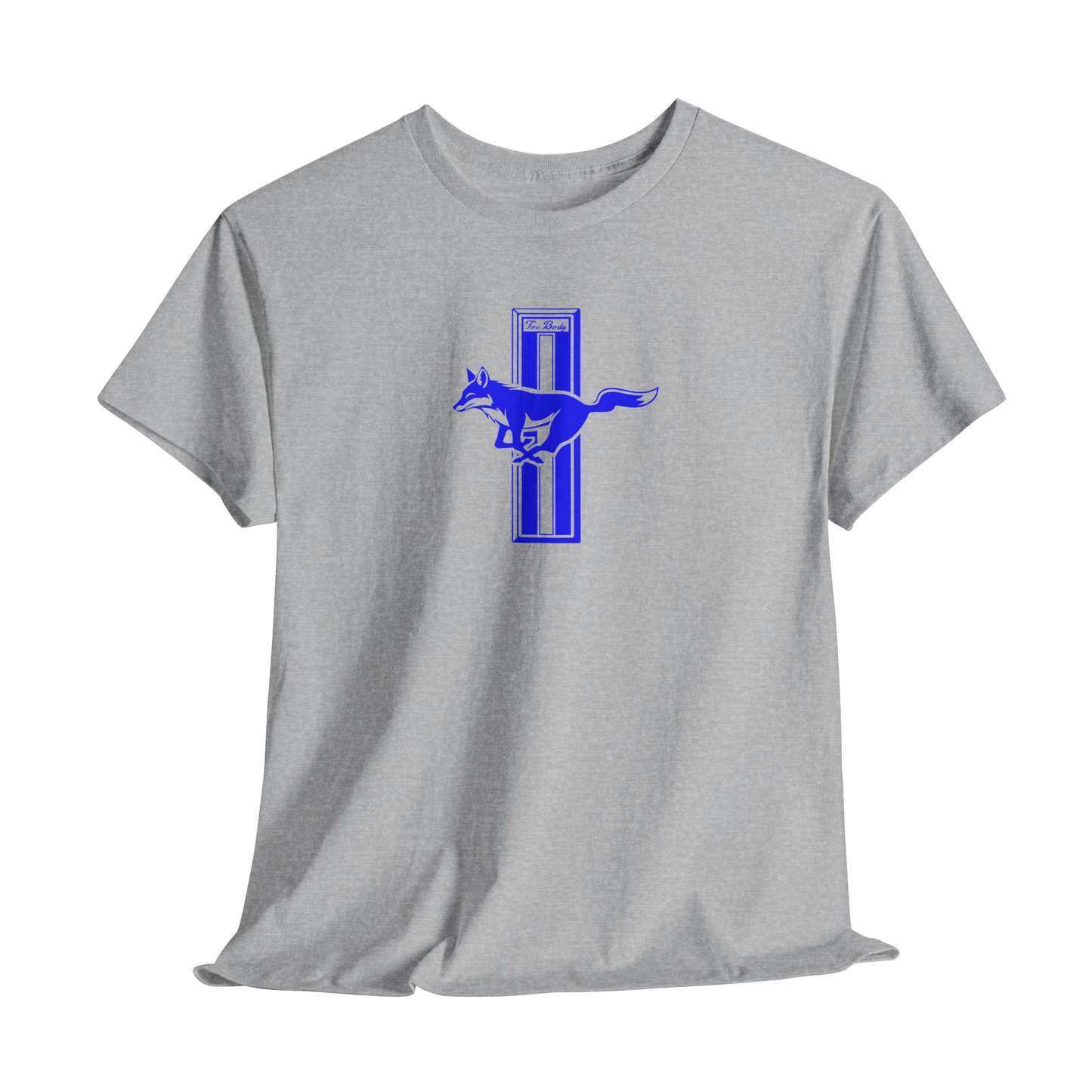 Gray t-shirt with a blue graphic of a foxbody mustang american muscle car