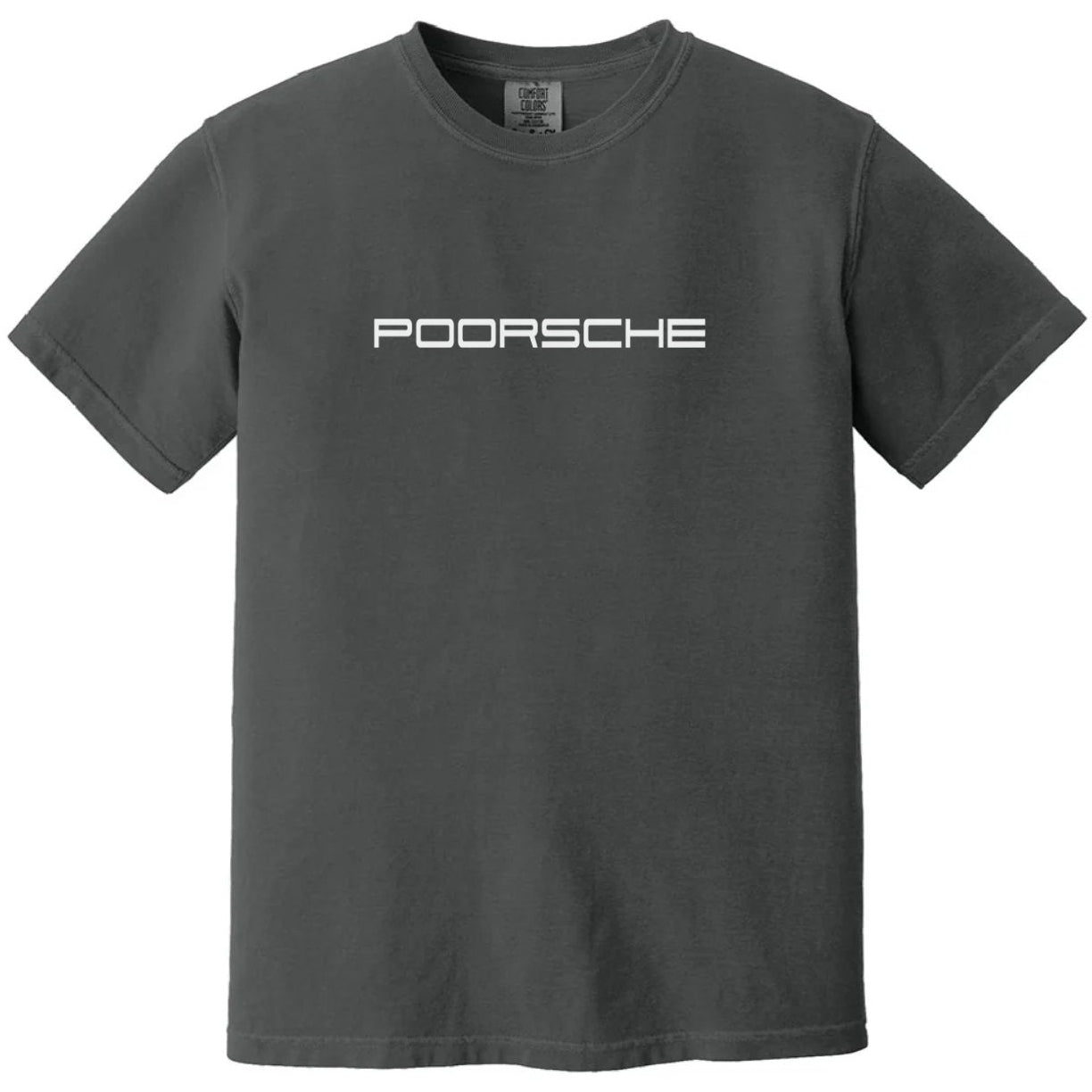 Gray t-shirt with 'Poorsche' logo on a comfort colors tee