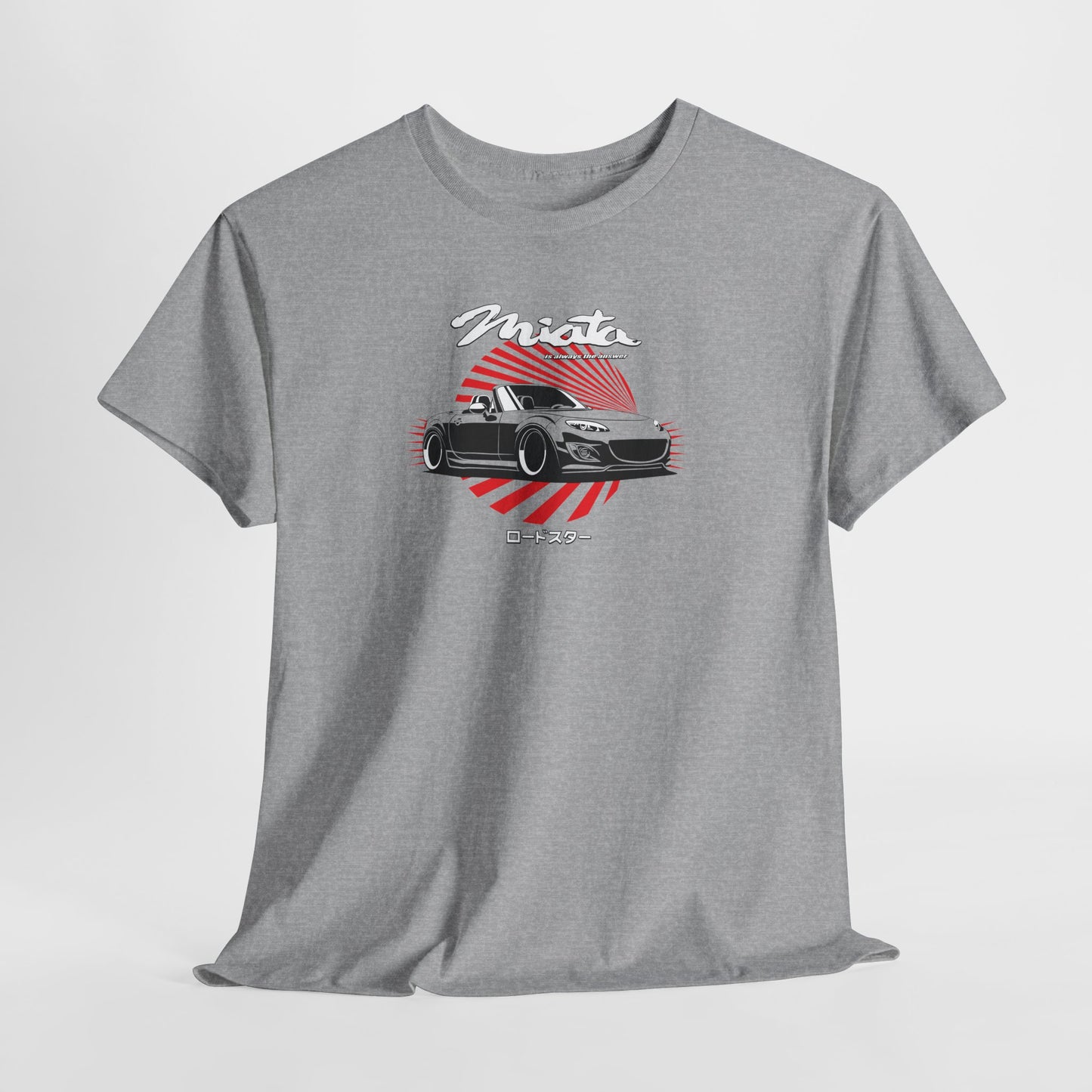 Gray t-shirt with a car graphic and Miata text on a white background