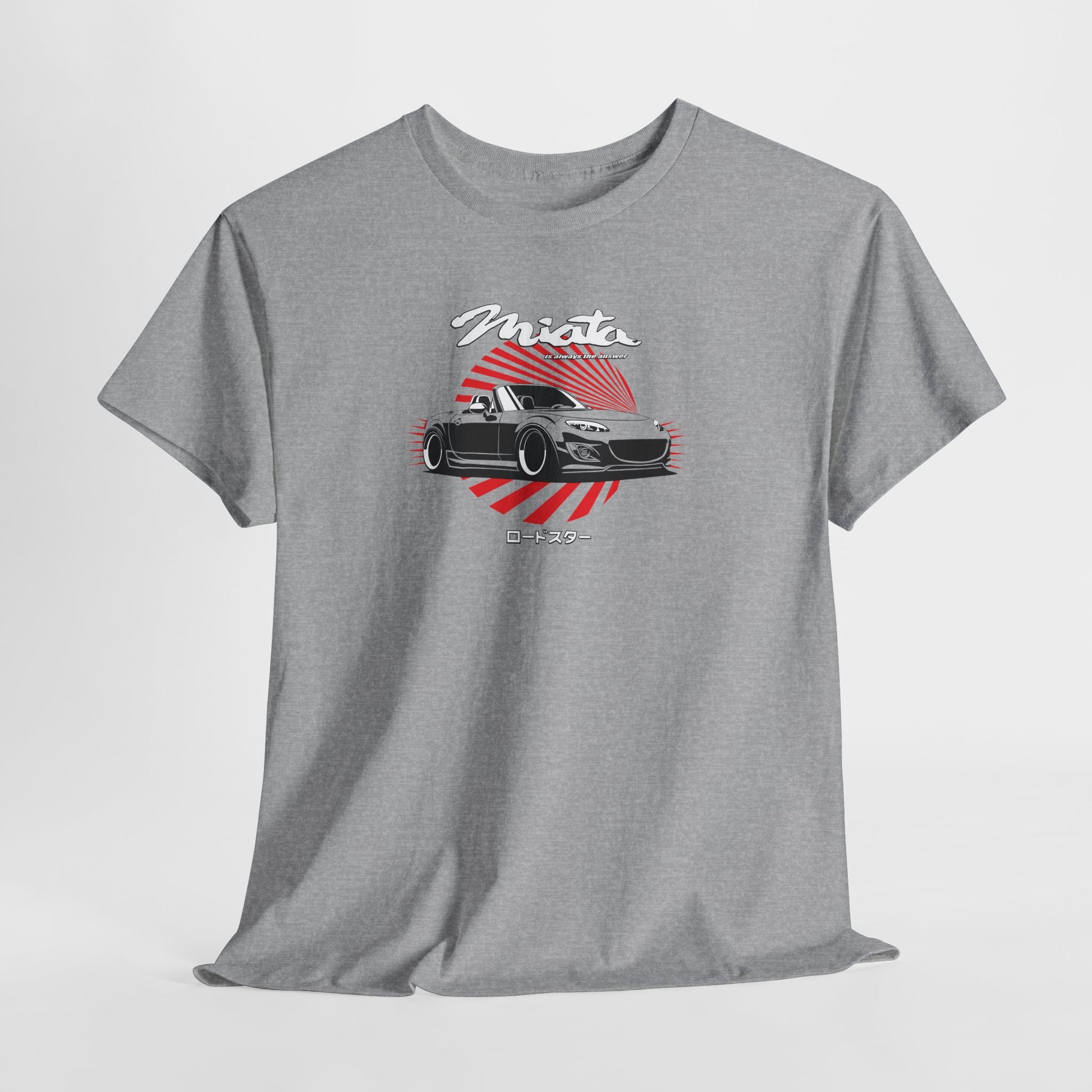 Gray t-shirt with a car graphic and Miata text on a white background