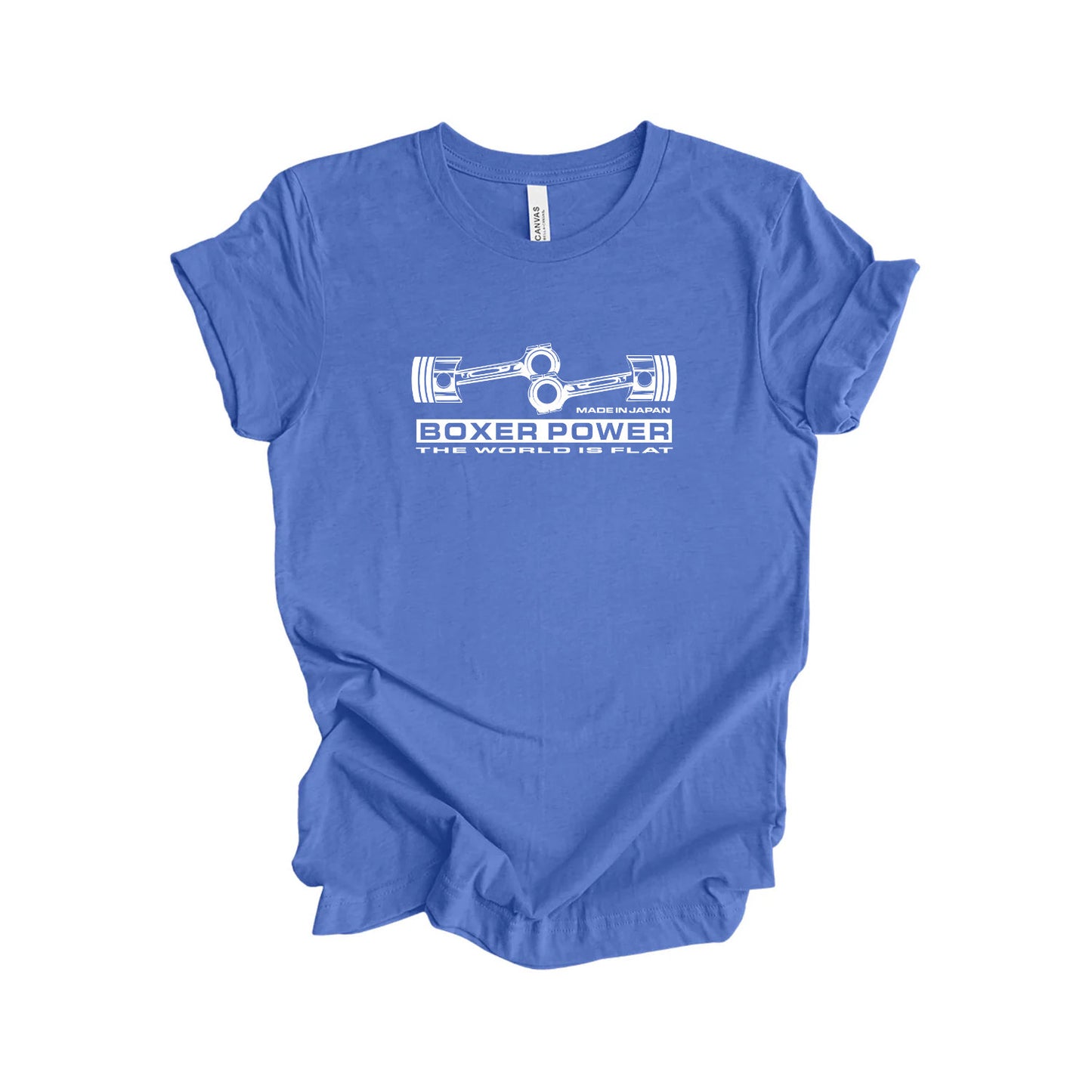 Blue t-shirt with white graphic and text on a white background