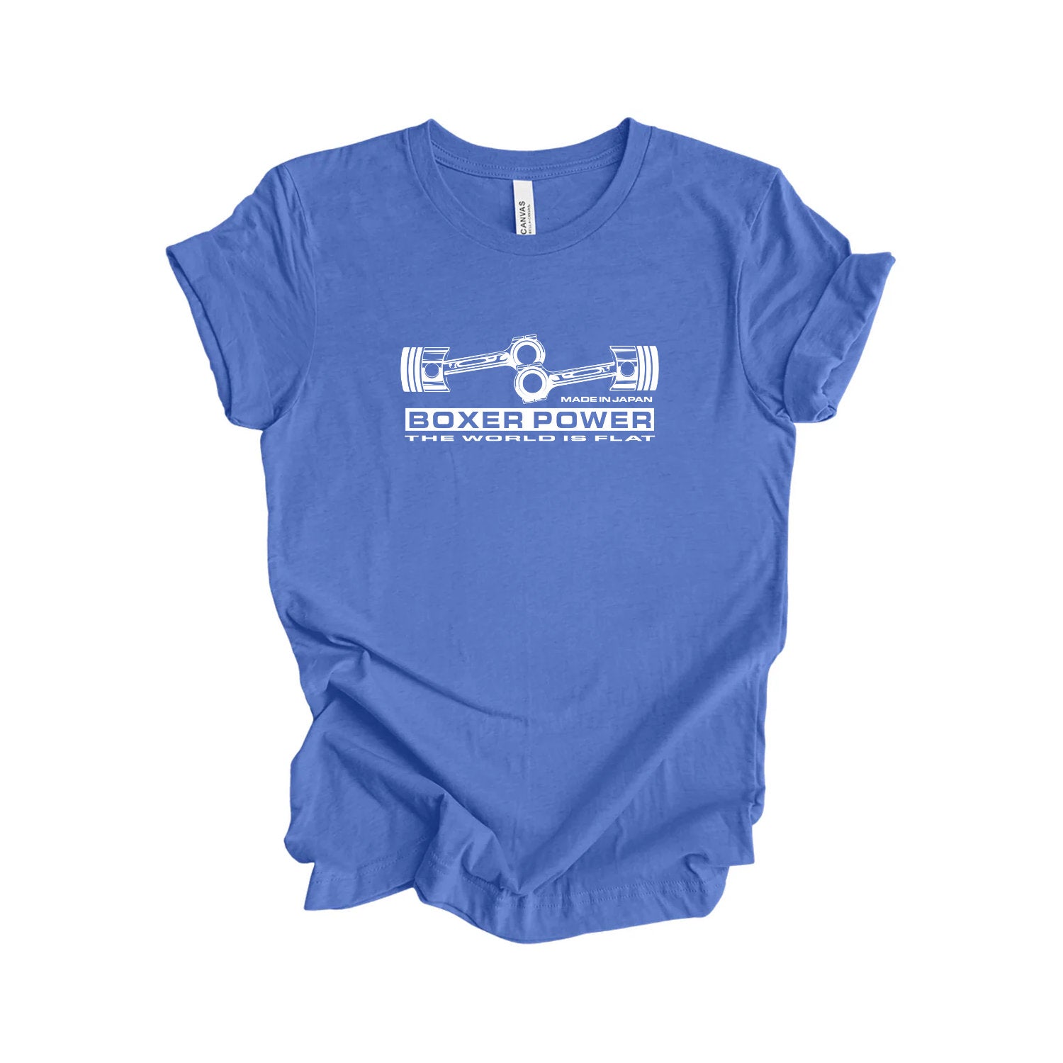 Blue t-shirt with white graphic and text on a white background